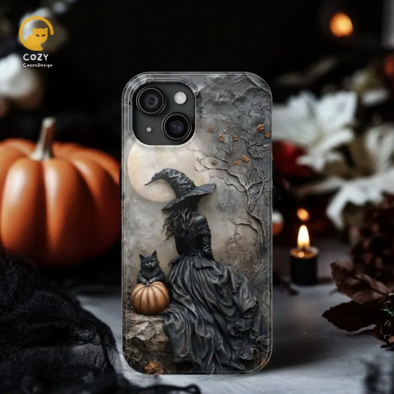 Gothic Witch Phone Case, Dark Fantasy Cat & Pumpkin Cover, Halloween Gift for iPhone 17 16 15 14 13 12 Air Pro Max