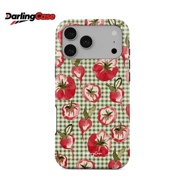 Customized Patterned Silicone Gingham Smartphone Case - Shockproof Protector, Anti-Scratch Hard Cover with Watercolor Tomato & Radish Print on Green Checkered Background, Durable Accessory for iPhone 16 Pro Max, Cellphones