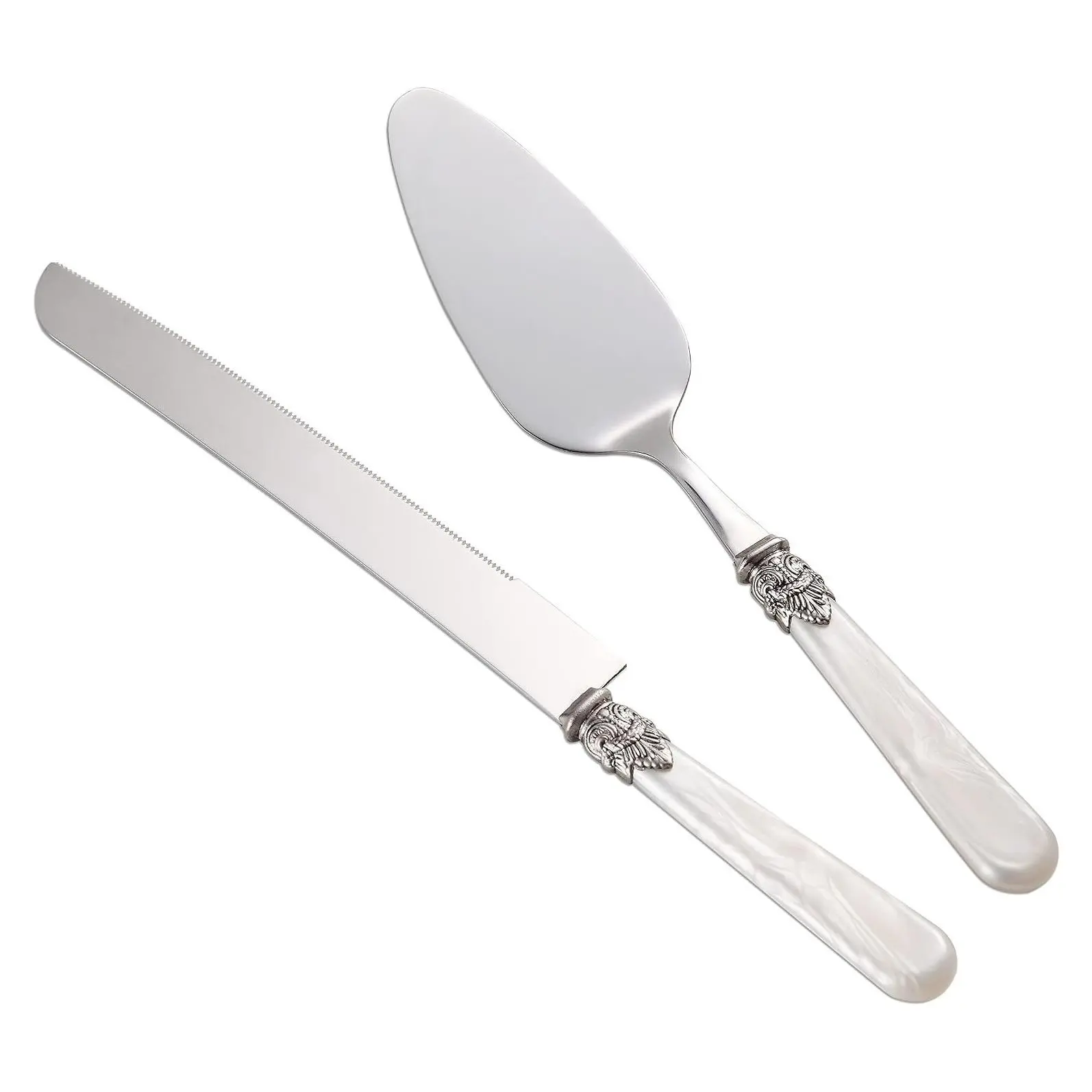 Wedding Cake Knife and Server Set, Fancy Hand Craft Italian Style Design, Pearl Pie Knife Server Set, Vintage Silverware, Cake Cutter Set, Cake Knife Gift Set, 2 pcs (White)Gift