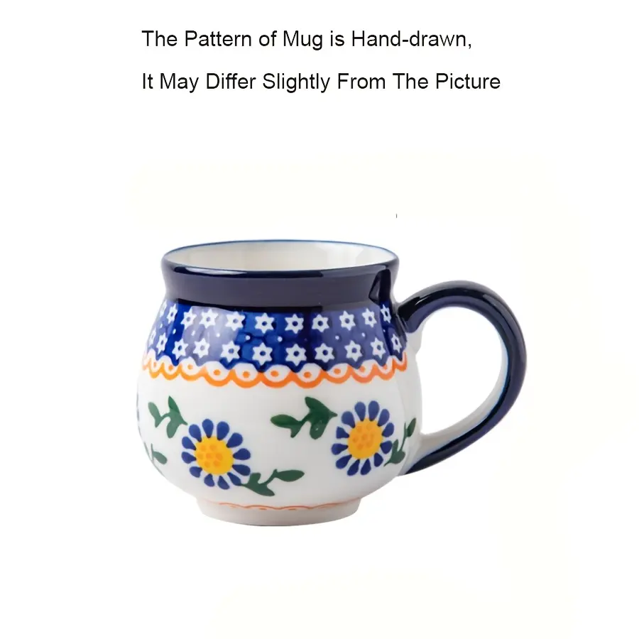 1pc 400ml/13.5oz Ceramic Mug with Handle (Polish Pottery Style) – Hand-Painted Elegant Blue Bohemian Floral & Heart Pattern – Suitable for Lattes, Juice, Milk, and Smoothies – Perfect Gift for Weddings and Mother's Day