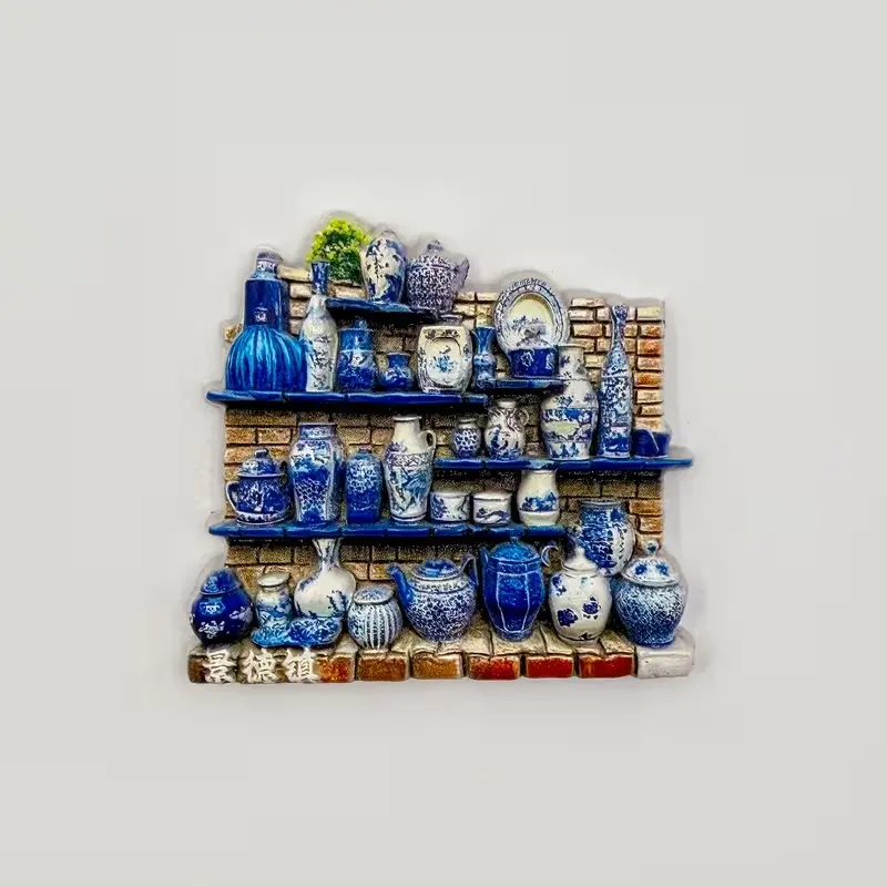 Jingdezhen Fridge Magnet, Blue Ceramic, 3D Relief Resin Craft, Elegant Kitchen Decor, 3D Magnetic PVC Sticker, Perfect Refrigerator Accessory