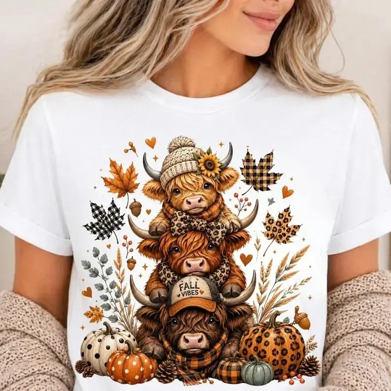 Cotton Fabric Fall T-shirt - Highland Cow, Autumn Pumpkin Graphic Crewneck with Leopard Print Coquette Bow, Soft Flat-Fit Rustic Sports Top, Cozy Gift for Casual Outdoor Wear
