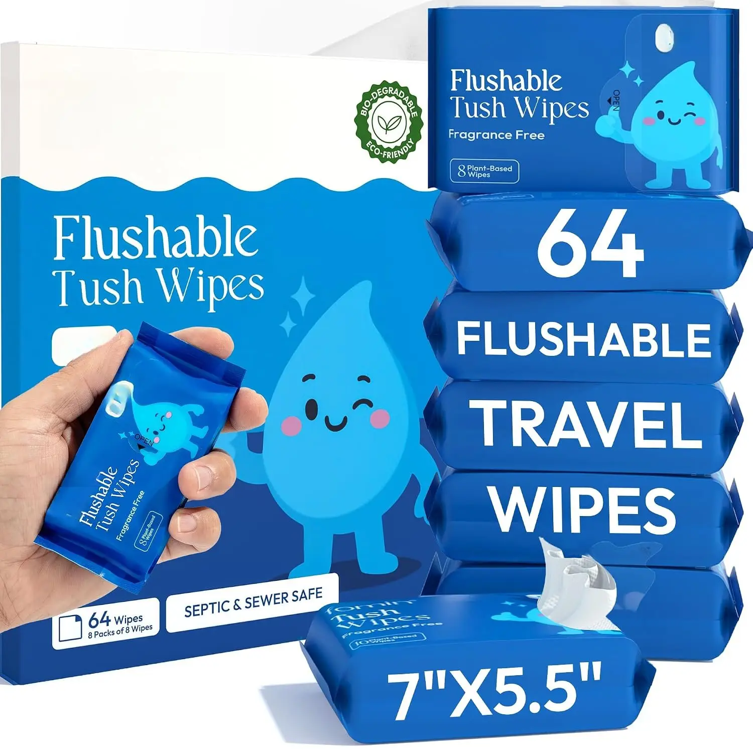 Compact Travel Flushable Wipes 8 Pack (64 Wipes ) - Unscented Travel Size Wet Wipes for Adults - pH Balanced, , -Based -  Tush Wipes for Women & Men