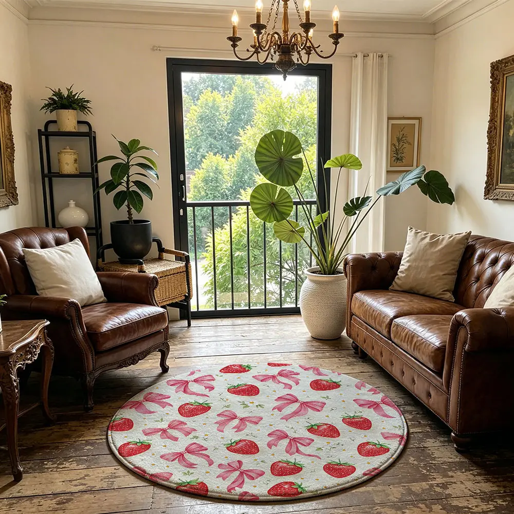 Pink Bow Strawberry Pattern Round Rug, Home Decorative Rug, Soft Machine Washable Anti-Slip Stylish Home Decor Floor Mat