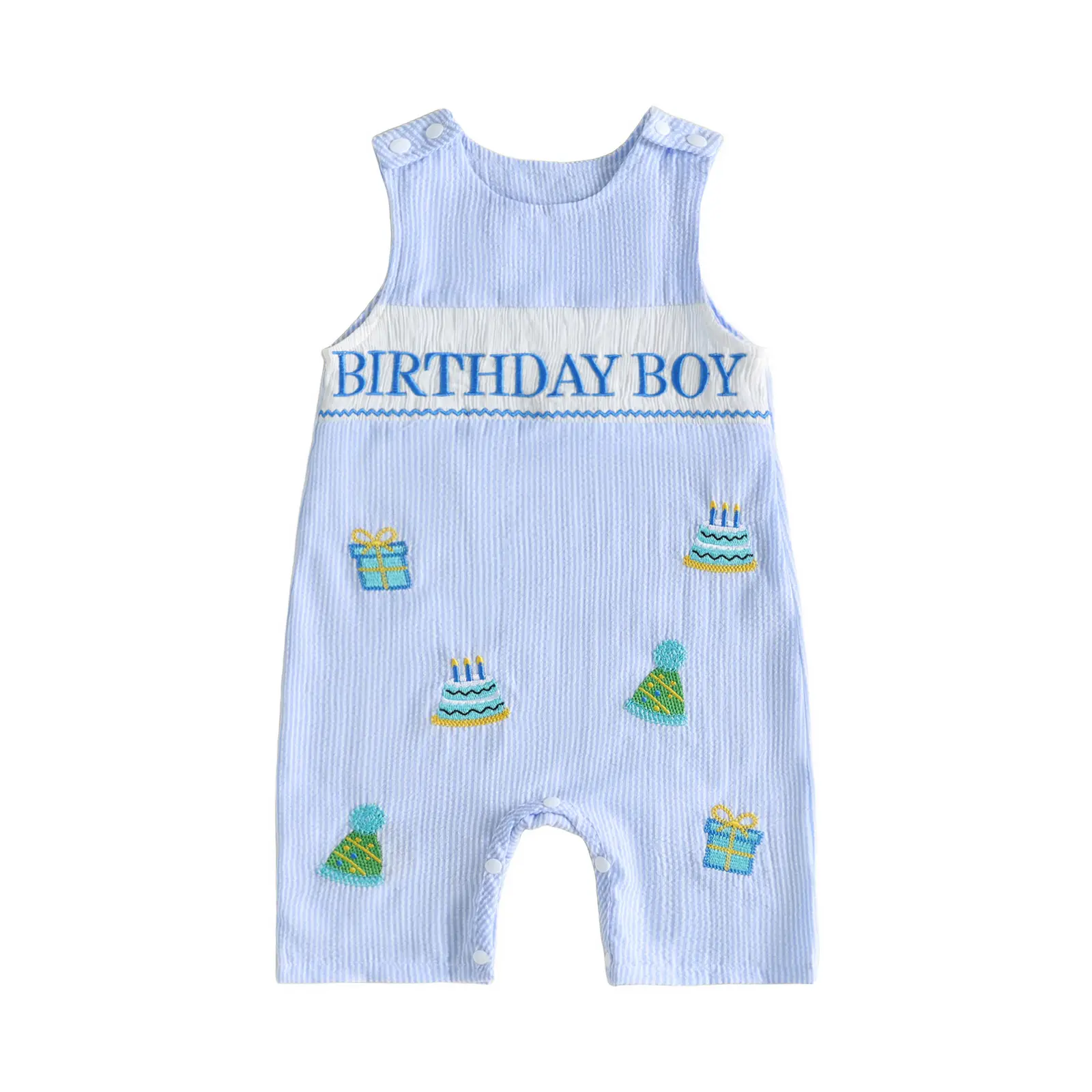 Infant Baby Boy My First Birthday Outfit Sleeveless Cake Present Embroidery Stripe Jumpsuit 0-18 Months