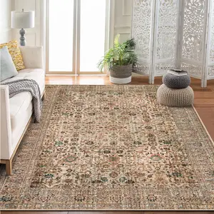 Washable Non-Slip Area Rug - Vintage Grey Floral Boho Carpet - Low Pile Boho Runner Rug for Nursery, Kids Room, Office, Farmhouse