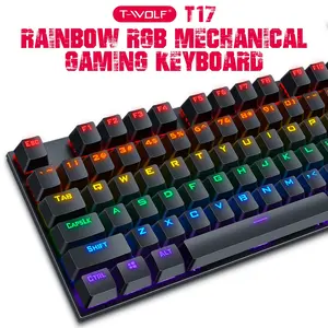 T-Wolf T17 Ergonomic PC Gaming Keyboard, Gaming PC Accessories, Wired Mechanical, LED Backlight, USB Connection, Full Metal Panel, Multimedia Knob, Laptop Stand