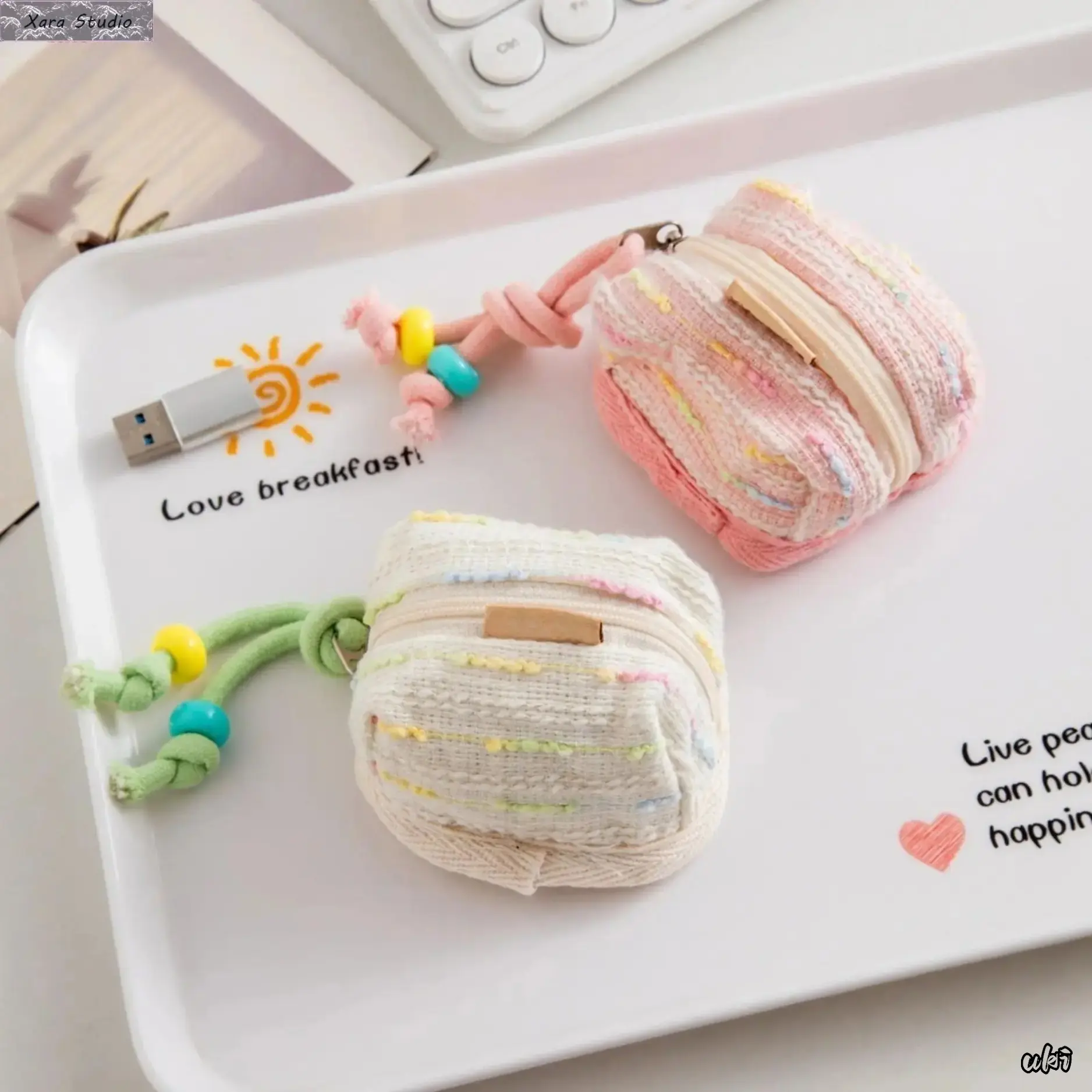 2-Piece Soft Fabric Mini Pouch Set, Cute Neutral Print Organizer for Women, Compact Shape Multi-Use Bag for Daily & Travel, Coins & Earphones, Cute Look