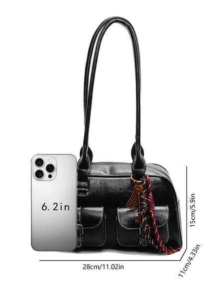 Niche retro texture handbag, double pocket design contrasting woven tassel pendant, commuter fashion shoulder handbag, personalized simple design, versatile and multi-color optional, Casual handbag satchel, suitable for daily travel, shopping, etc.