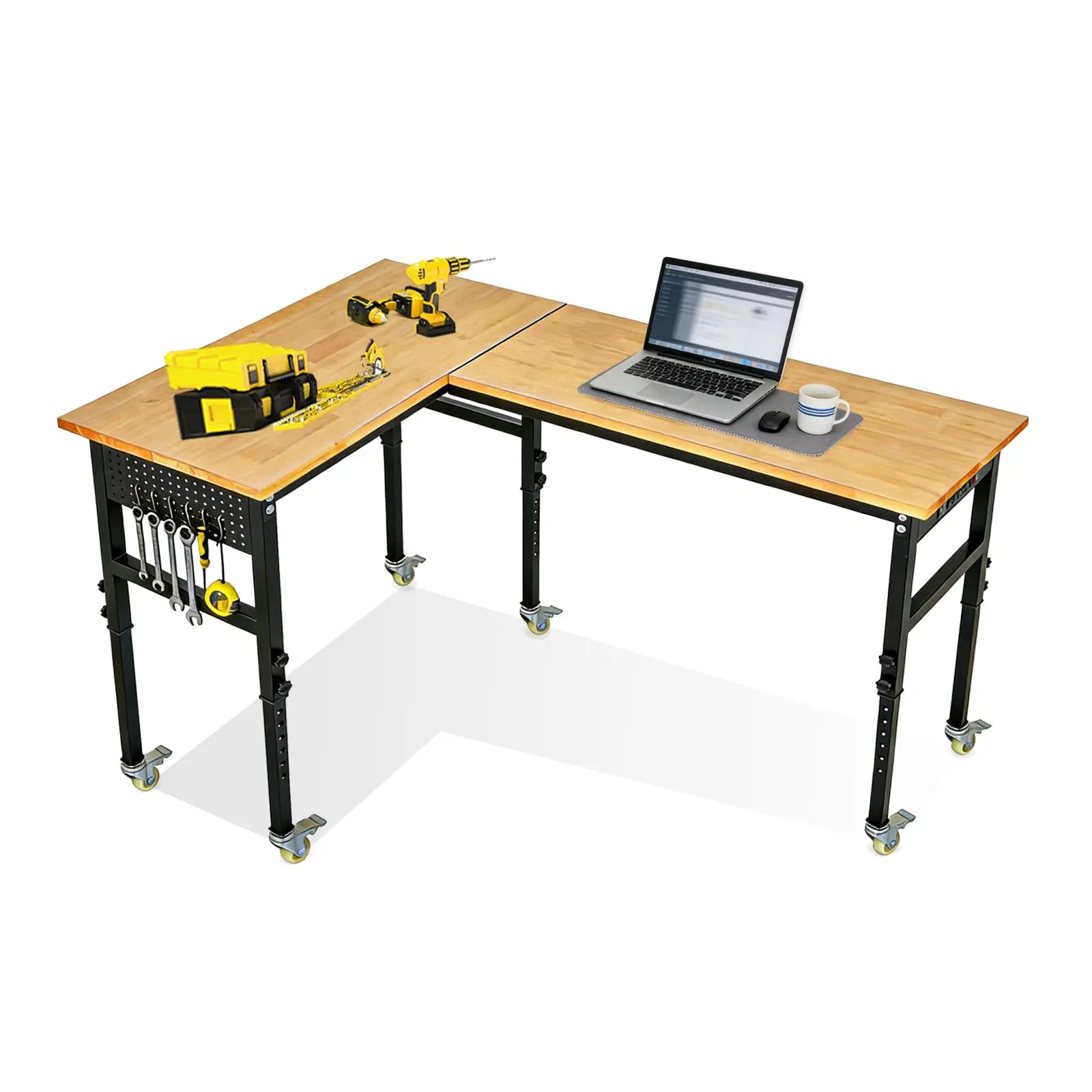 GAOMON Heavy Duty 108" l-Shaped Adjustable Workbench with Wheels, 2000 Lbs Capacity, Power Outlet, Drawers, Pegboard, Rubber Wood Top – Mobile Tool Table for Garage, Workshop, or Home Office