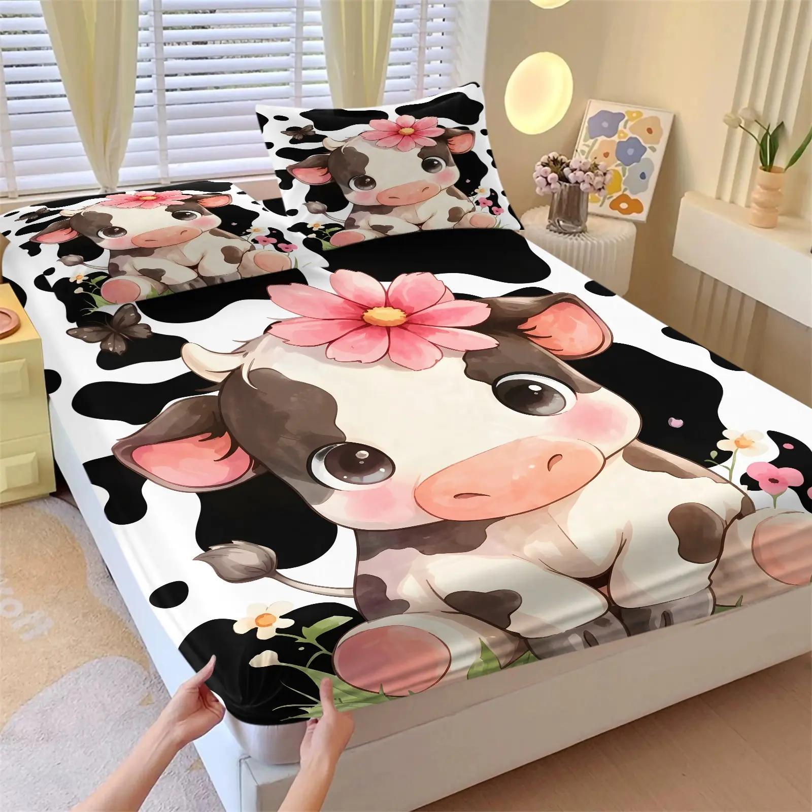 3PCS Cute Cartoon Cow Fitted Sheet Set (1 Fitted Sheet + 1‑2 Pillowcases), Soft Cozy Skin‑Friendly Bedding, Kawaii Spotted Baby Cow With Wildflower Butterfly HD Digital Print, Perfect for Kids Girls Bedroom Decor, Twin Full Queen Sizes
