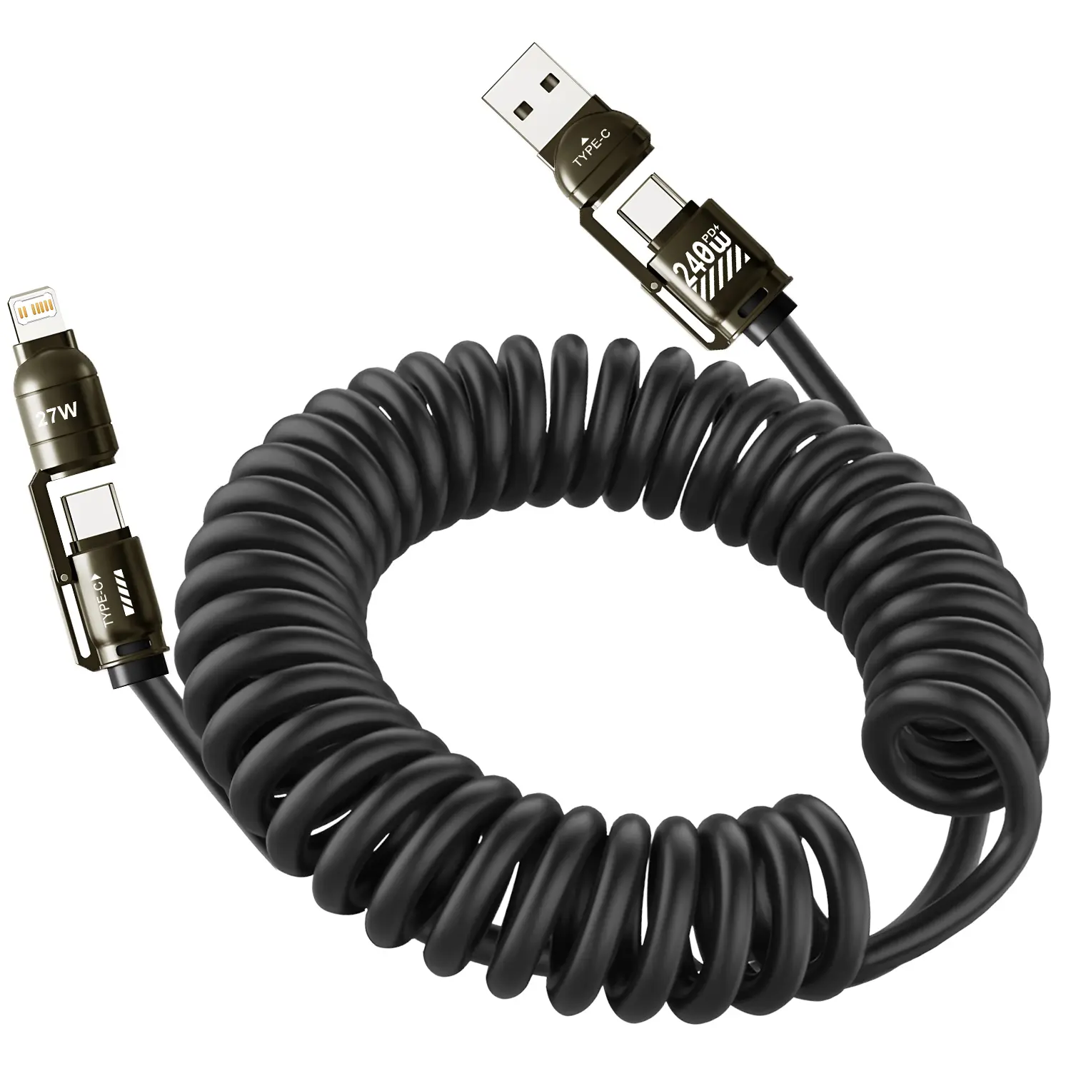 4-In-1 Spring Stretch Fast Charging Cable, 240w Dual USB PD to Type-C/iOS Interface, Maximum Extension 2m for Type-C and iOS Devices
