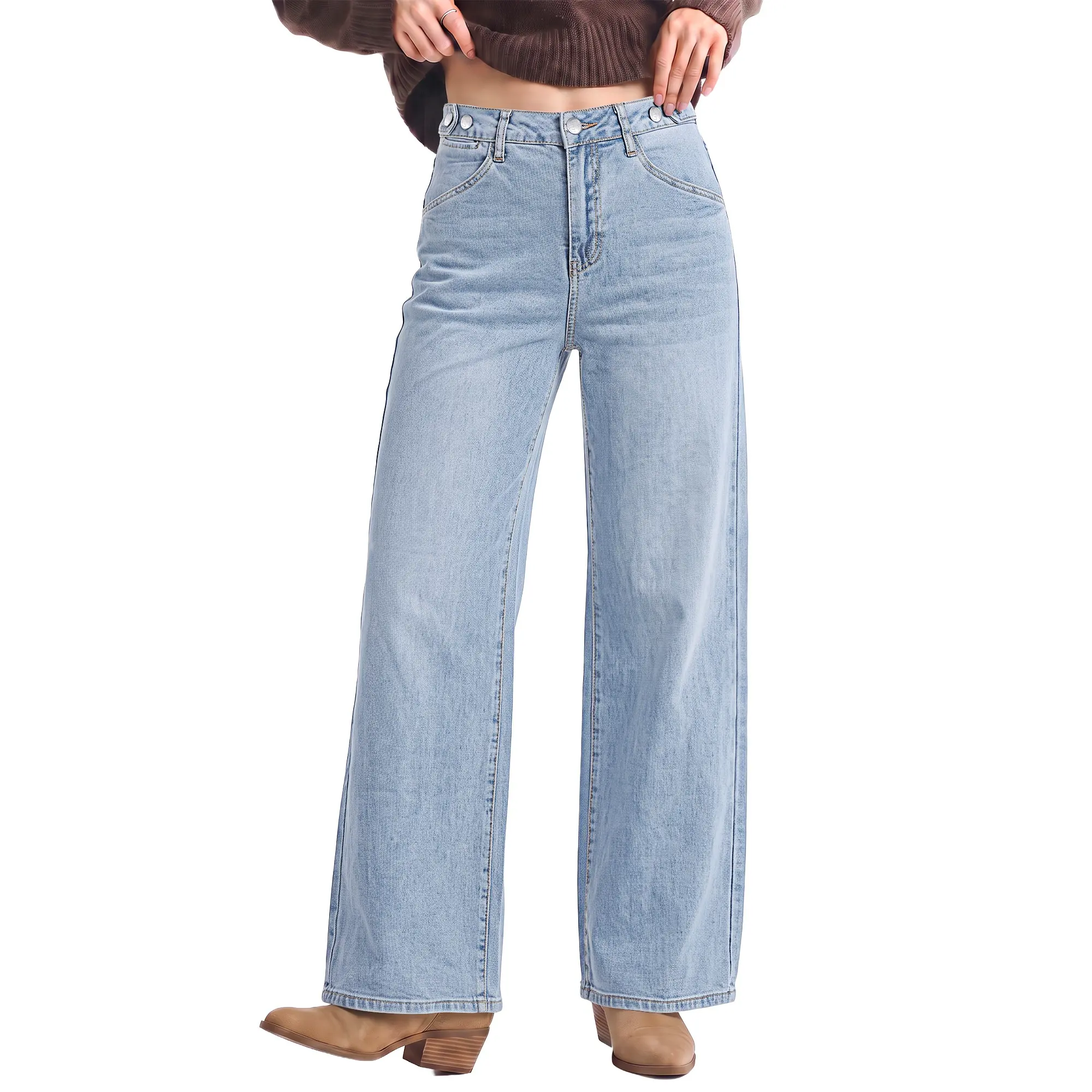 GRAPENT Women's High Waisted Wide Leg Jeans, Stretchy Baggy Denim Pants with Adjustable Cinch Waist, 30" Inseam Full Length, 90S Style, All Season, Machine Wash, Plain Look, Casual Work & Country Concert Outfits