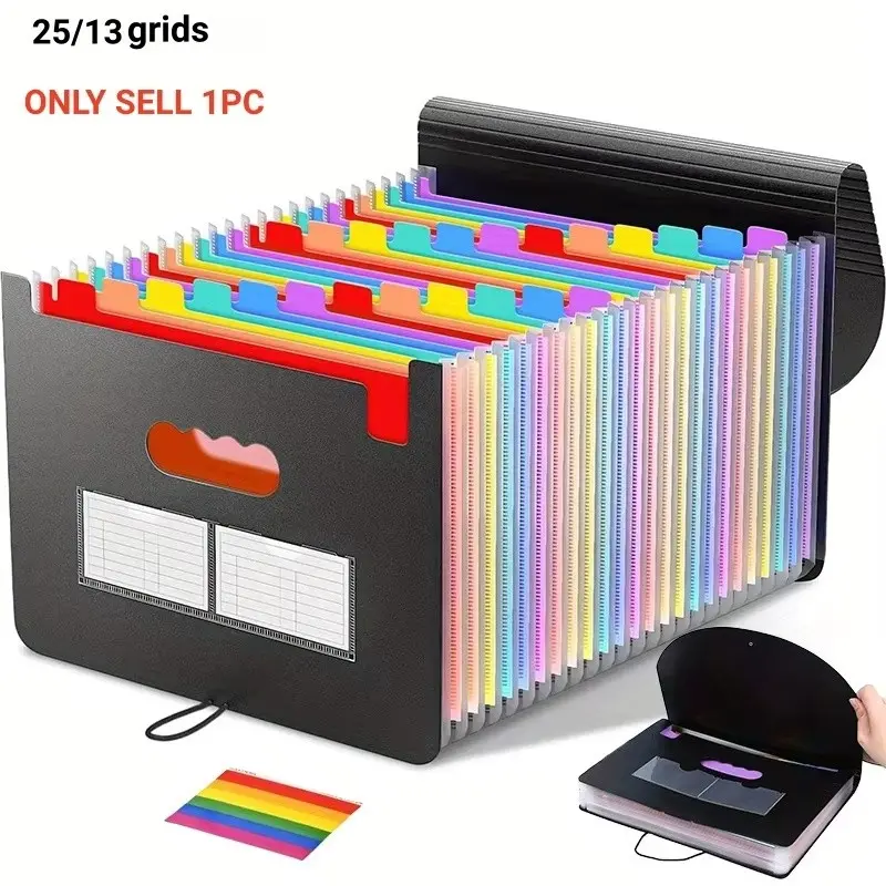 13/25 Grids Folder, Plastic Folders, Portable Organ Bag File Manager/portable Expandable Folder, Student and Office Material/file Storage Folder, Large Capacity Classified Storage, with Color Tags