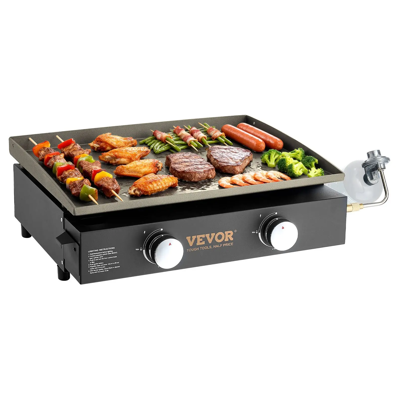 【toolupgrade】VEVOR 22 in Commercial Carbon Steel Flat Top Griddle Grill Tabletop, Heavy-Duty Manual Countertop Gas Grill with Non-Stick Plate, H-Shaped Dual Burners, 13000 BTU for Family Gatherings, Outdoor Meals