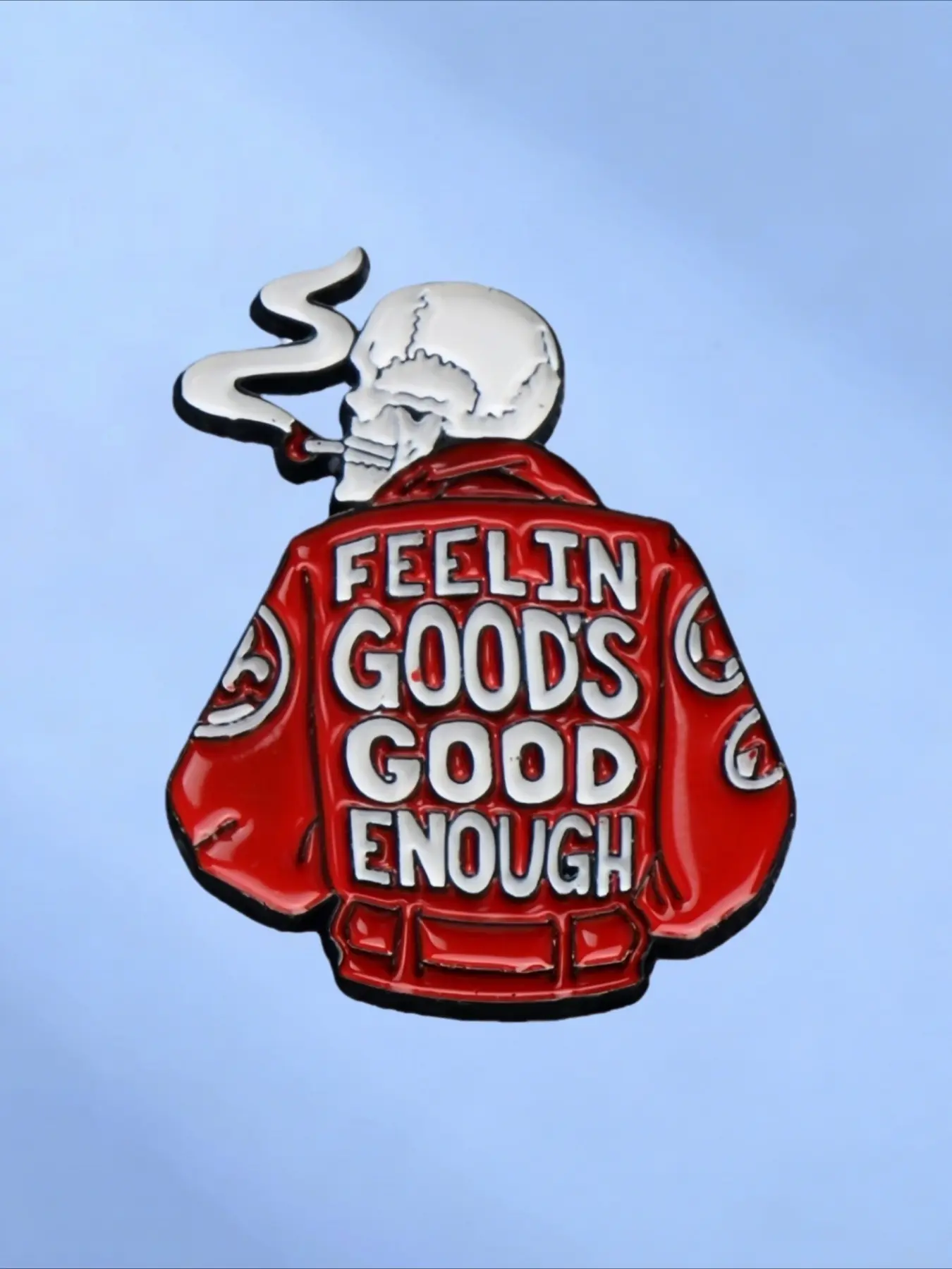 Vintage Skull Red Jacket Enamel Pin, Feelin Good's Good Enough Slogan Metal Brooch Pin, Women's Denim Jacket Backpack Decorative Lapel Badge Accessory