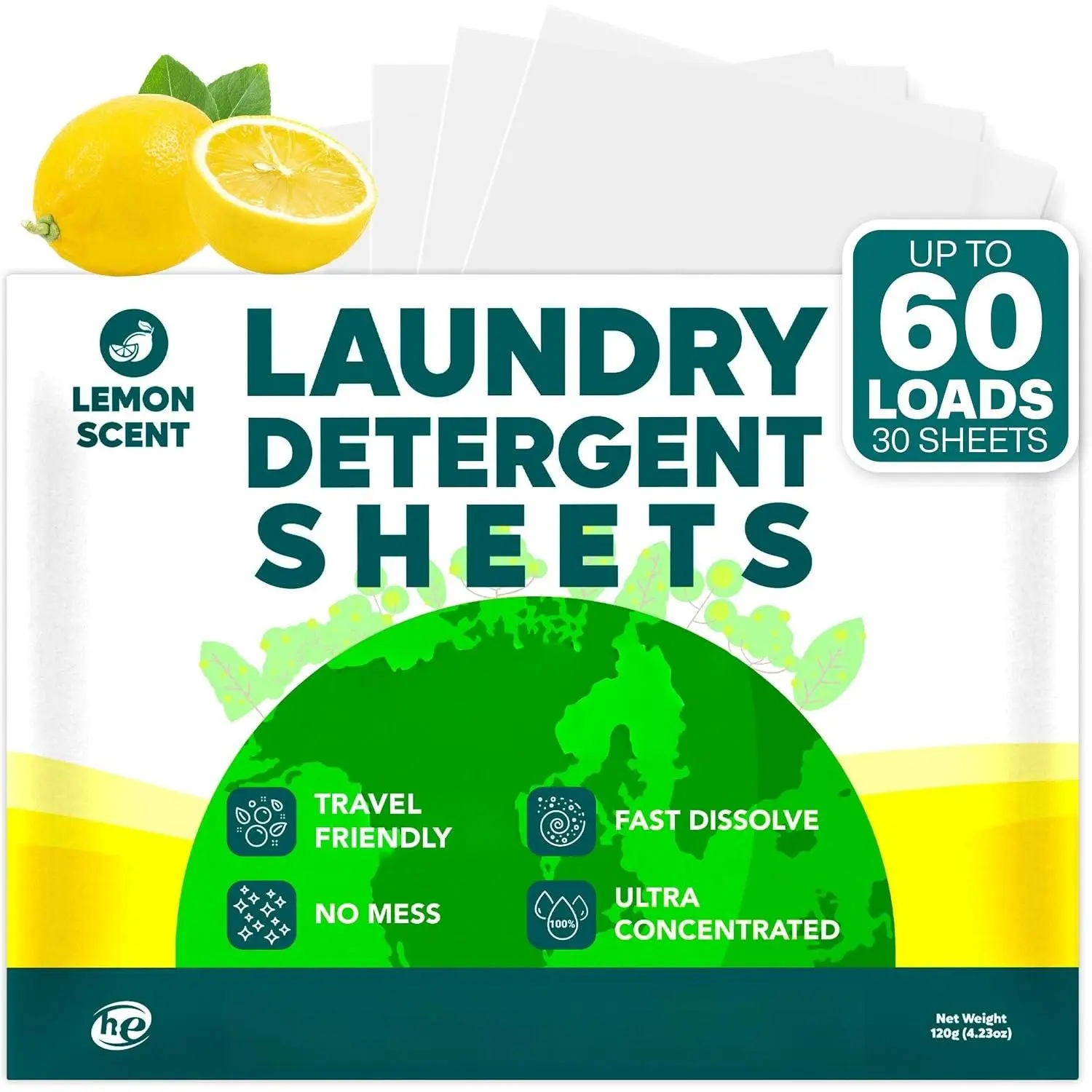 Household Dissolvable Laundry Detergent Solid Sheets - 60 Loads, Fast Dissolve, Lightweight Box, Compact Alternative to Liquid Detergent, Travel-Friendly Washing Machine Soap