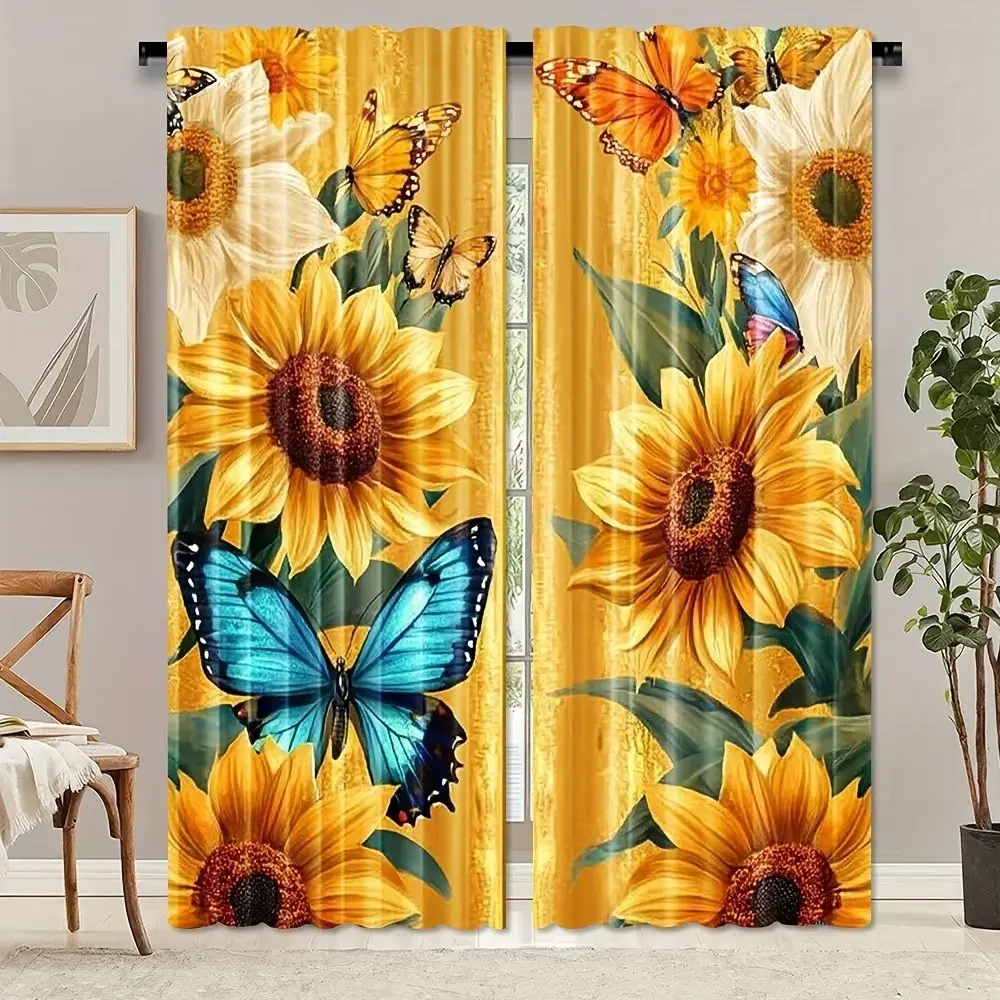 2-Piece Sunflower Butterfly Pattern Window Curtains, Butterfly Print, Lightweight Semi-Transparent Fabric, Rod Pockets, Modern Farmhouse Style
