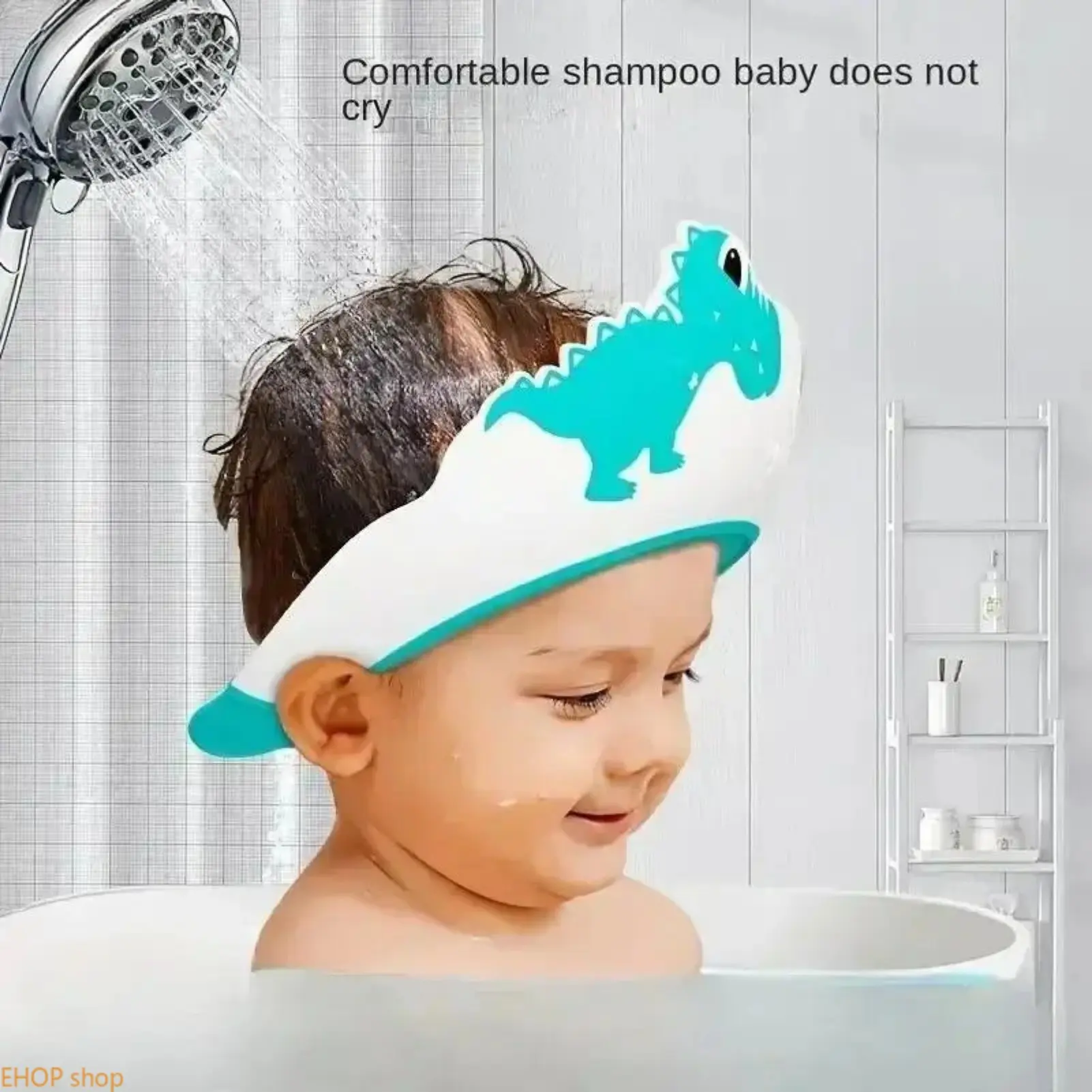 Creative Dinosaur Print Waterproof Shower Cap Adjustable Silicone Ear Cover Reusable Bath Hair Protection Accessory For Home Daily Shower