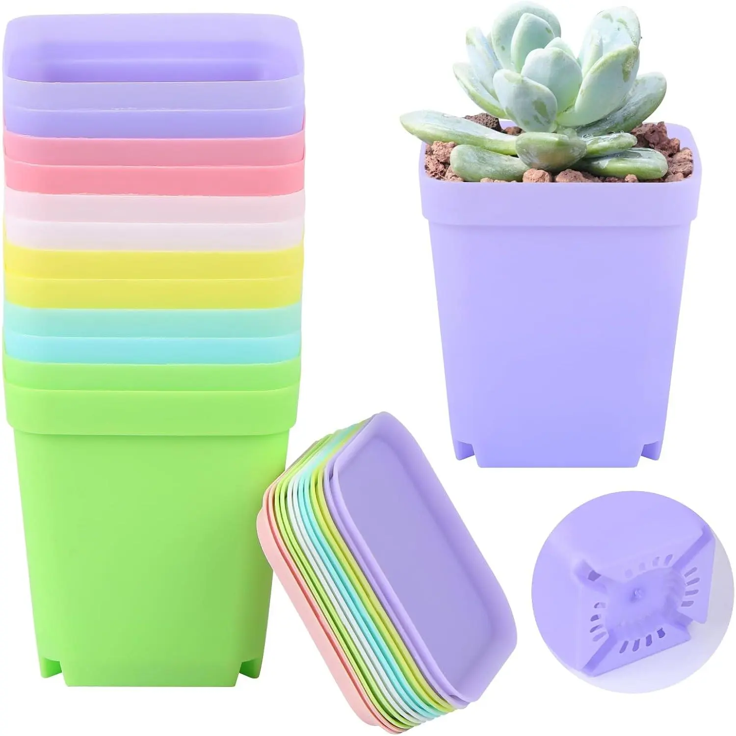 Colorful Flower Pots, 3-inch Square  Pots Mini Plastic  Pot Succulent Planter Seedling Pot with Saucers for Your Room, Garden Office and Balcony Decor, Pack of 12