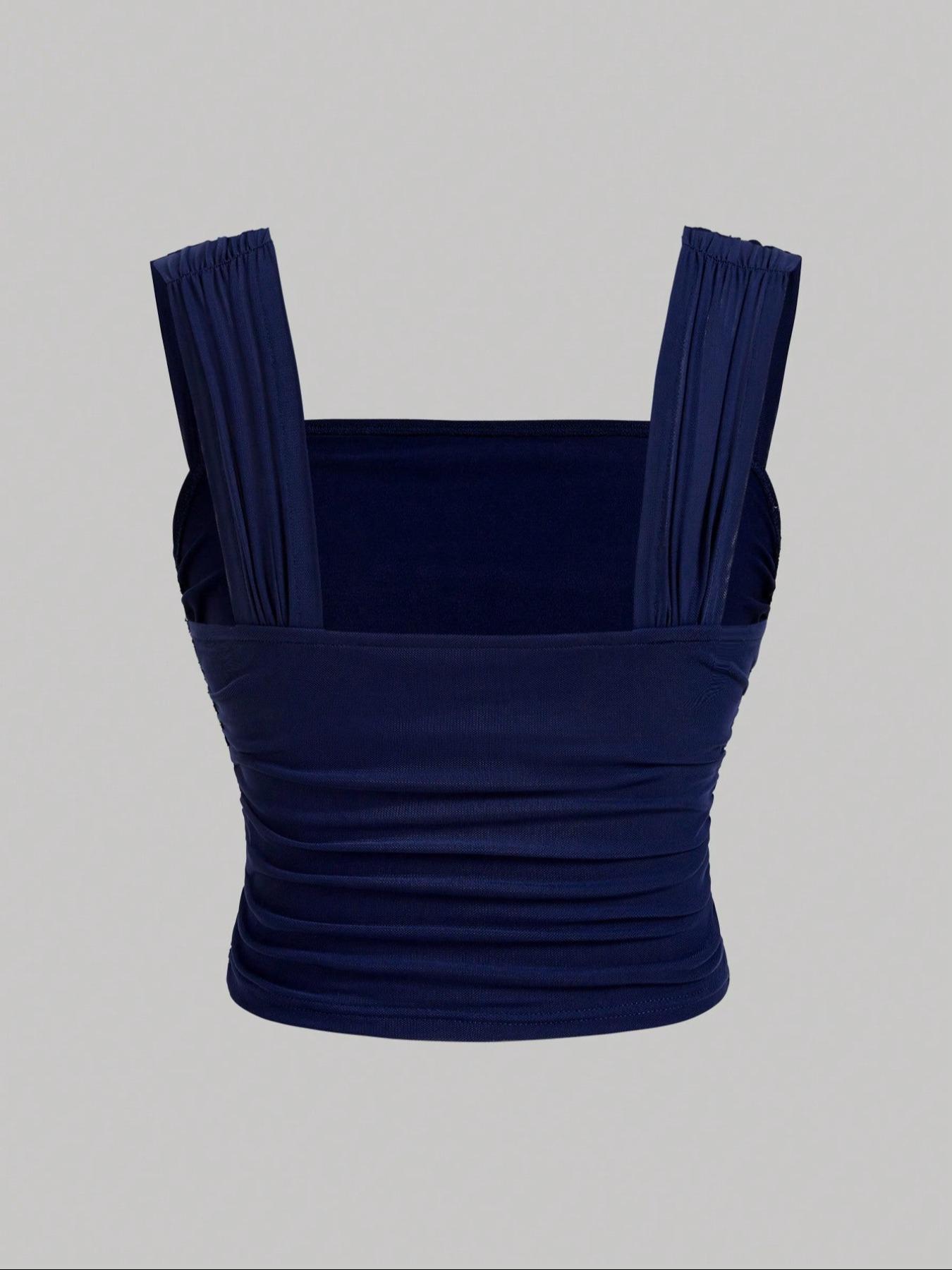 Women's Plain / Floral Print Ruched Tulle Tank Top, Elegant Sleeveless Top for Summer, Ladies Clothes for Daily Wear, Cropped Cami Top