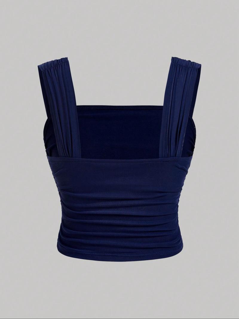 Women's Plain / Floral Print Ruched Tulle Tank Top, Elegant Sleeveless Top for Summer, Ladies Clothes for Daily Wear, Cropped Cami Top