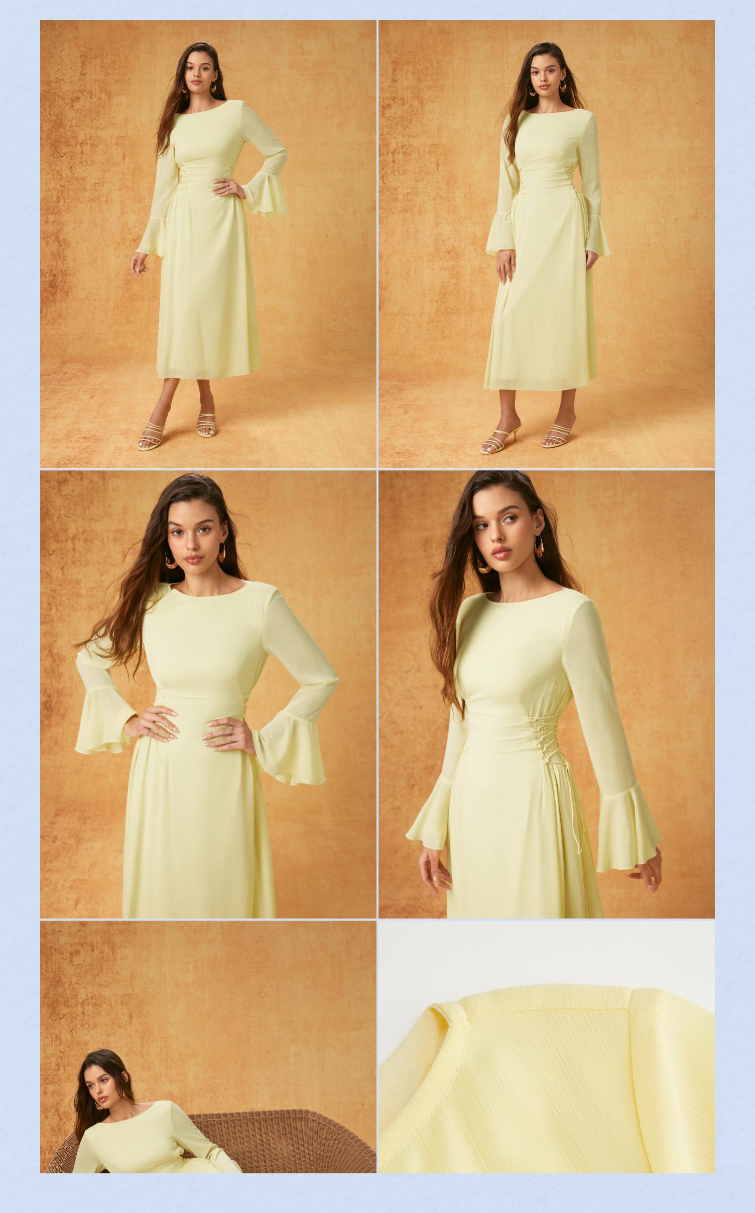 Cider Chiffon Boat Neck Lace Up Ruffle Sleeve Flared Maxi Dress