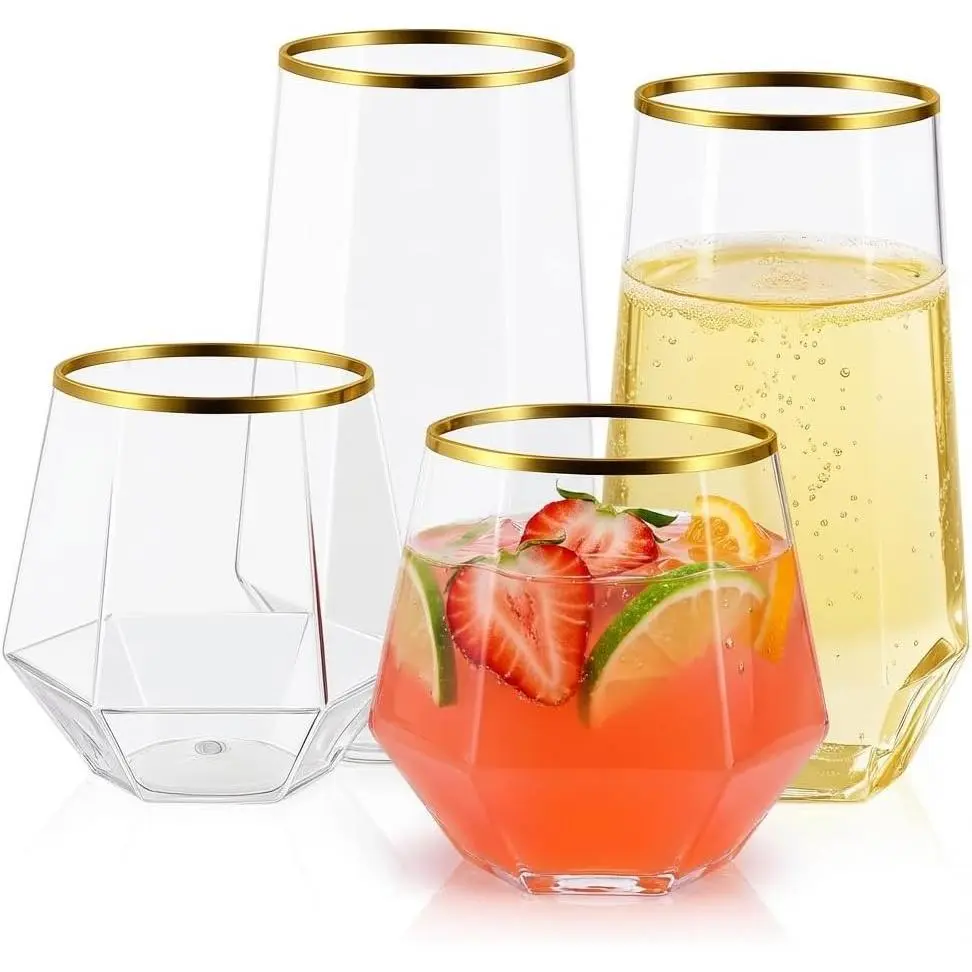 Ribbed Stylish Plastic Glasses Set - 48-Pack Indoor Drinkware, 24x9oz Stemless Champagne Flutes & 24x12oz Stemless Wine Glasses, BPA-Free Shatterproof Disposable Gold Rim Diamond Cups for Weddings, Parties, Wedding/Party
