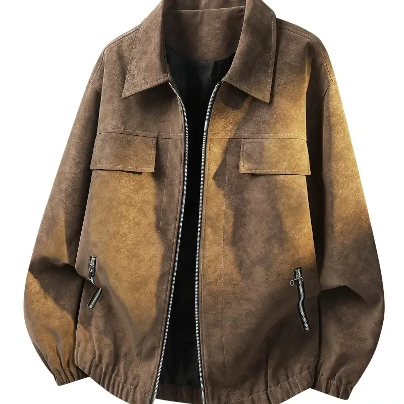 Men’s tie-dye lapel suede jacket has double chest patch pockets and is made of smooth suede fabric. With vintage distressed workwear style and drop-shoulder fit, it is suitable for daily and street outfits in spring and autumn.