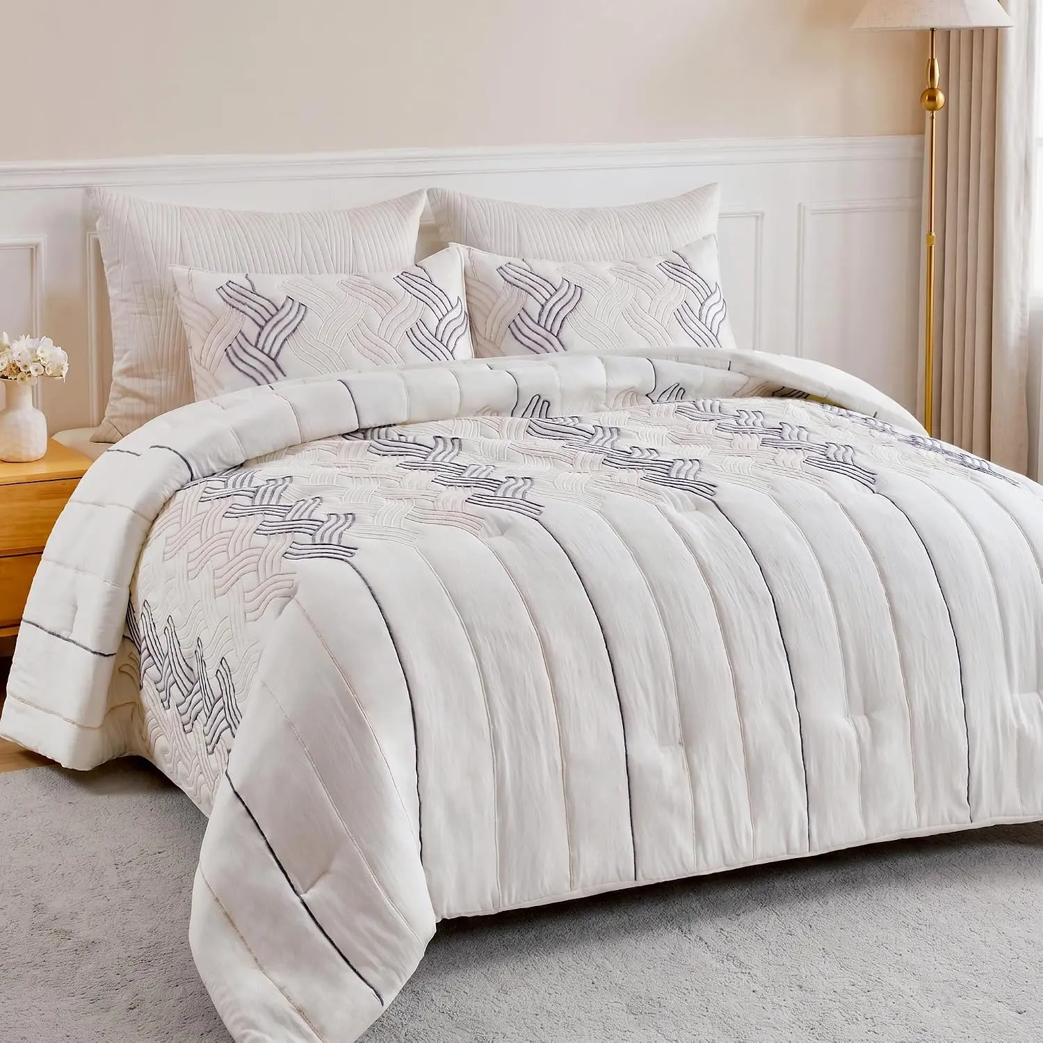 Boho Tufted Queen Size Comforter Sets,, Ivory White |   Soft Lightweight Warm Bedding for All, Farmhouse Embroidery 3 Pieces Bed Set
