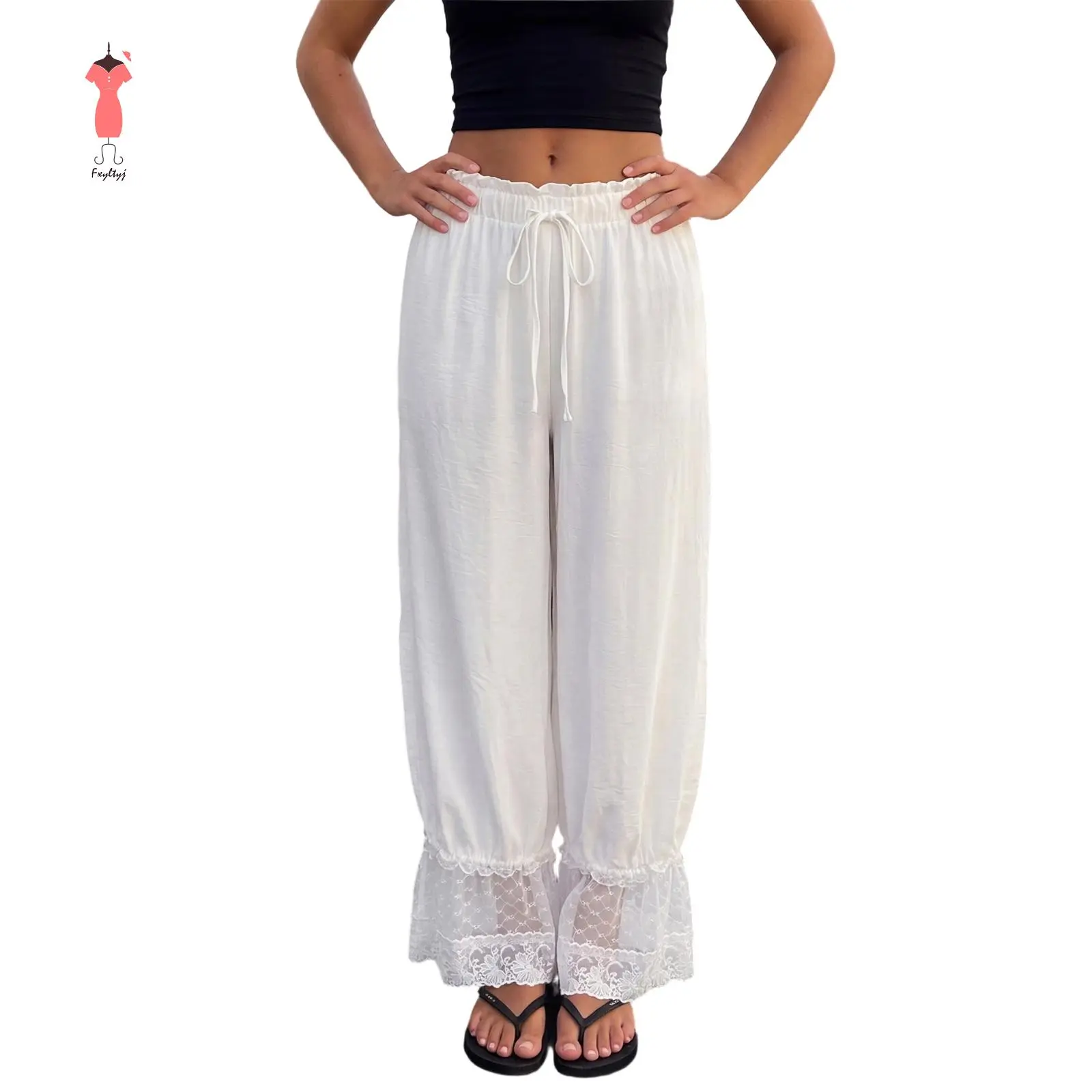 Women's Spring Summer Drawstring Bloomer Pants High Waist Lace Patchwork Hem Wide Leg Trousers
