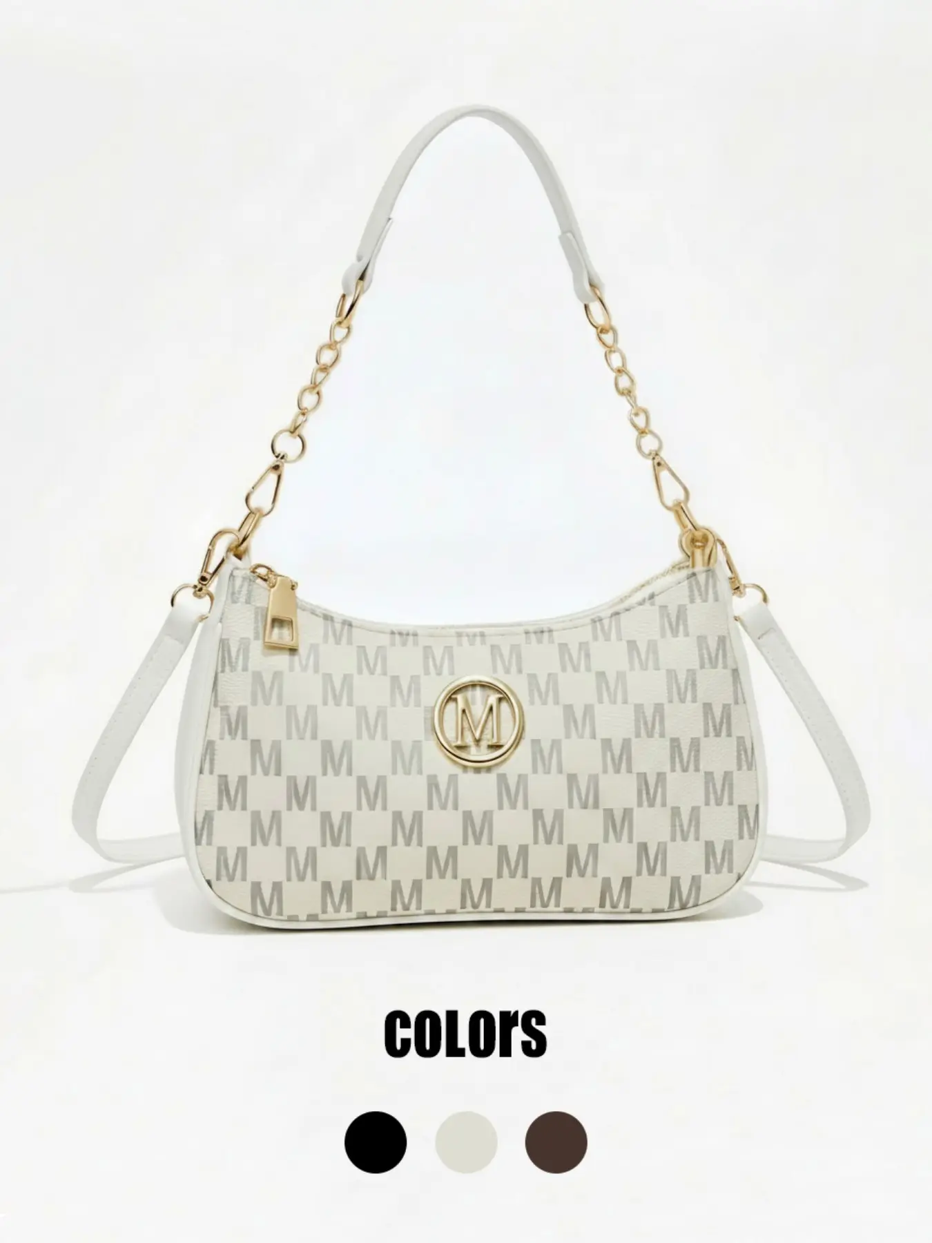 New Fashion Classic PU Waterproof M Letter Print Cherry Keychain Metal Chain Shoulder Crossbody Bag, Perfect for Office, University, Travel