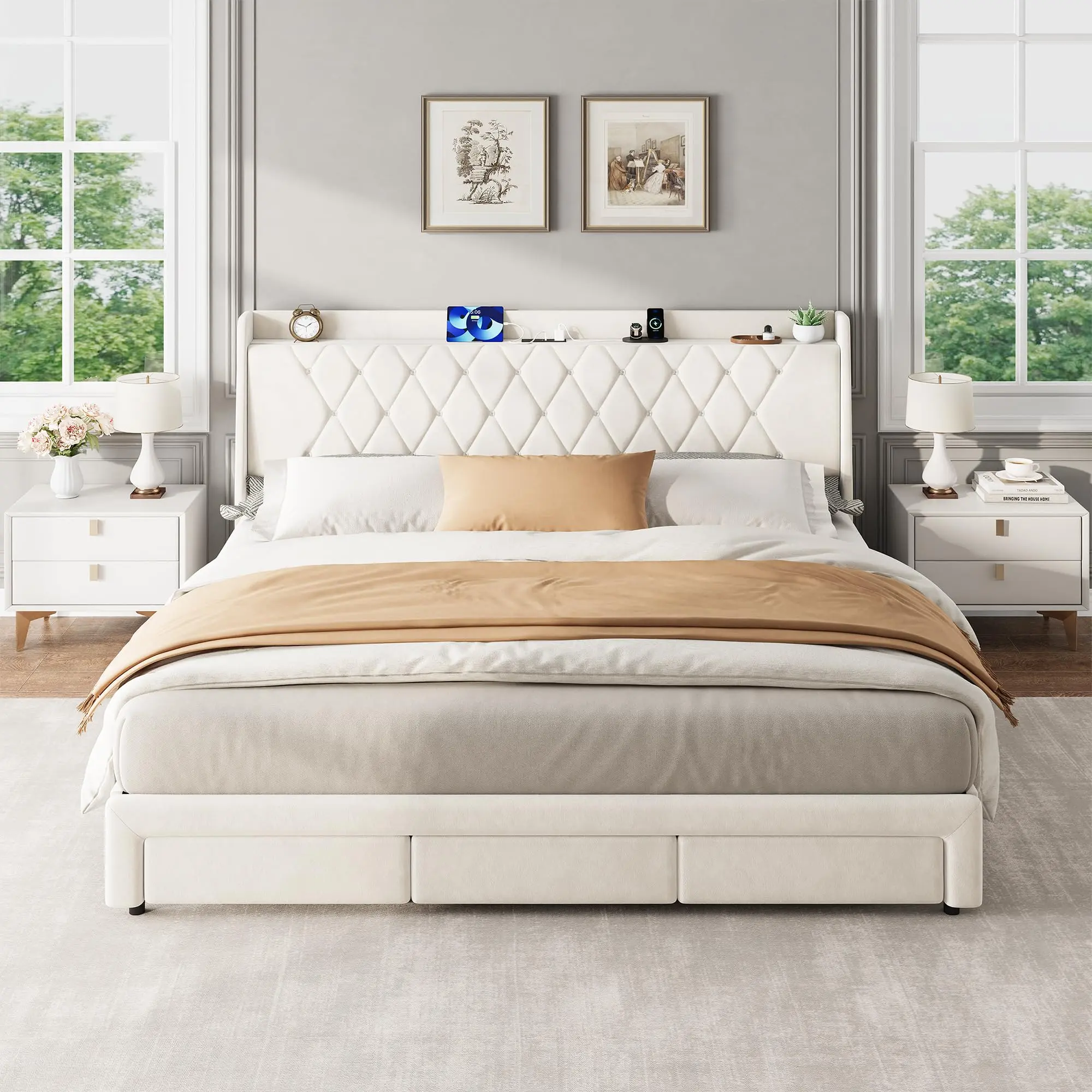 King/Full/Queen Size Bed Frame with Storage – Velvet Upholstered Platform Bed with Crystal Tufted Headboard, Charging Station, 3 Drawers, No Box Spring Needed, Noise-Free for Bedroom