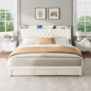 King/Full/Queen Size Bed Frame with Storage – Velvet Upholstered Platform Bed with Crystal Tufted Headboard, Charging Station, 3 Drawers, No Box Spring Needed, Noise-Free for Bedroom