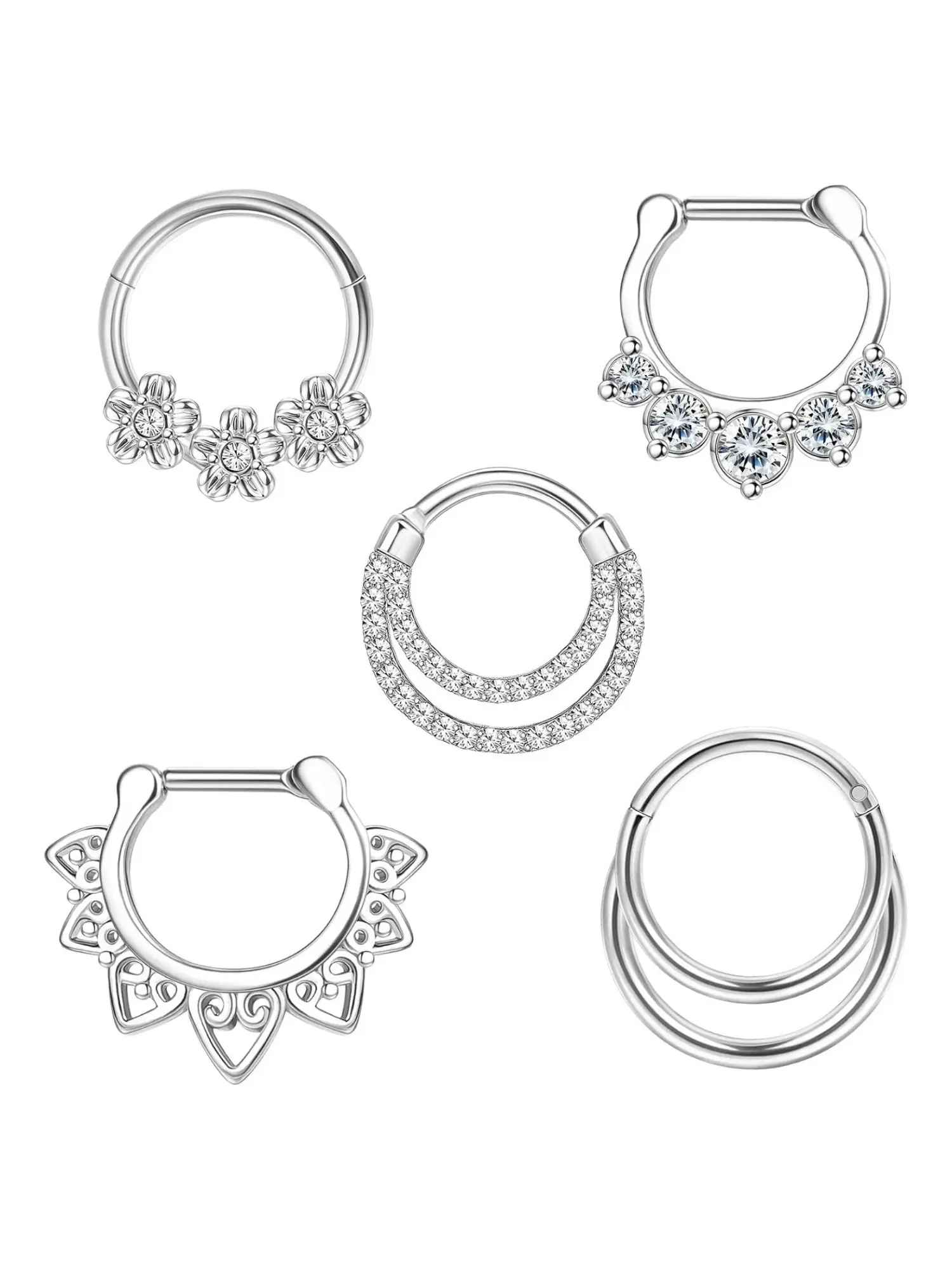 5 Pcs Multi-Style Silvery Septum Clicker Rings for Women Stainless Steel Hoops Decorative Copper Components Inlaid Sparkle Zirconia Plain Double Rings Dual Row Bands Floral CZ Clusters Heart Lace Frames Hinged Snap Closure Nostril Piercing Body Jewelry