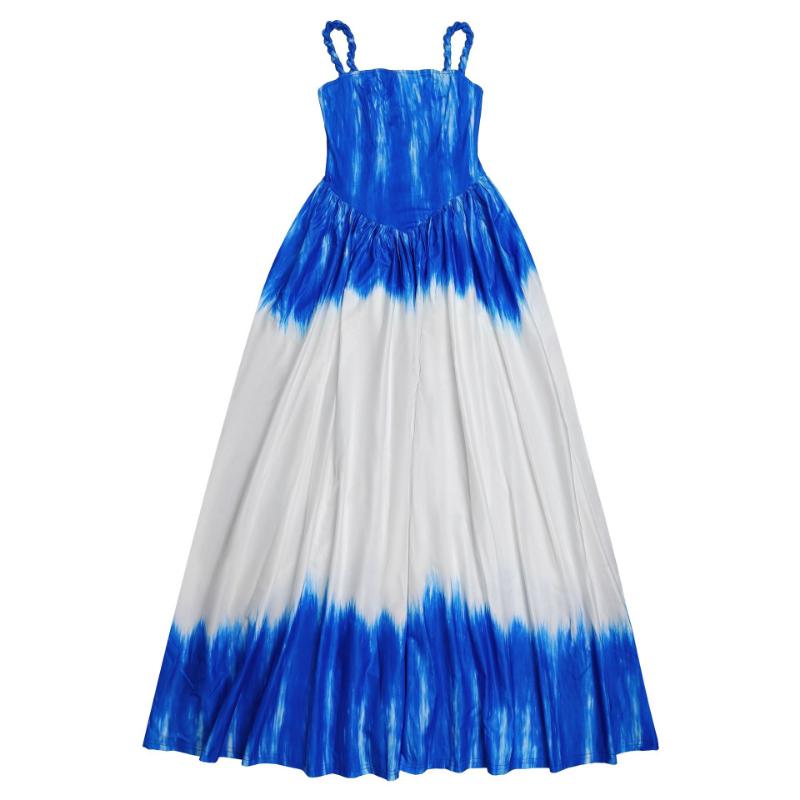 Women's Y2K Blue & White Tie-Dye Halter Neck Maxi Dress - A-Line Floor-Length Beach Dress with Back Tie Closure, Semi-Sheer Sleeveless Design for Vacation, Travel, Daily Outfits - All-Season Casual to Formal Events (Machine Washable) - Turq