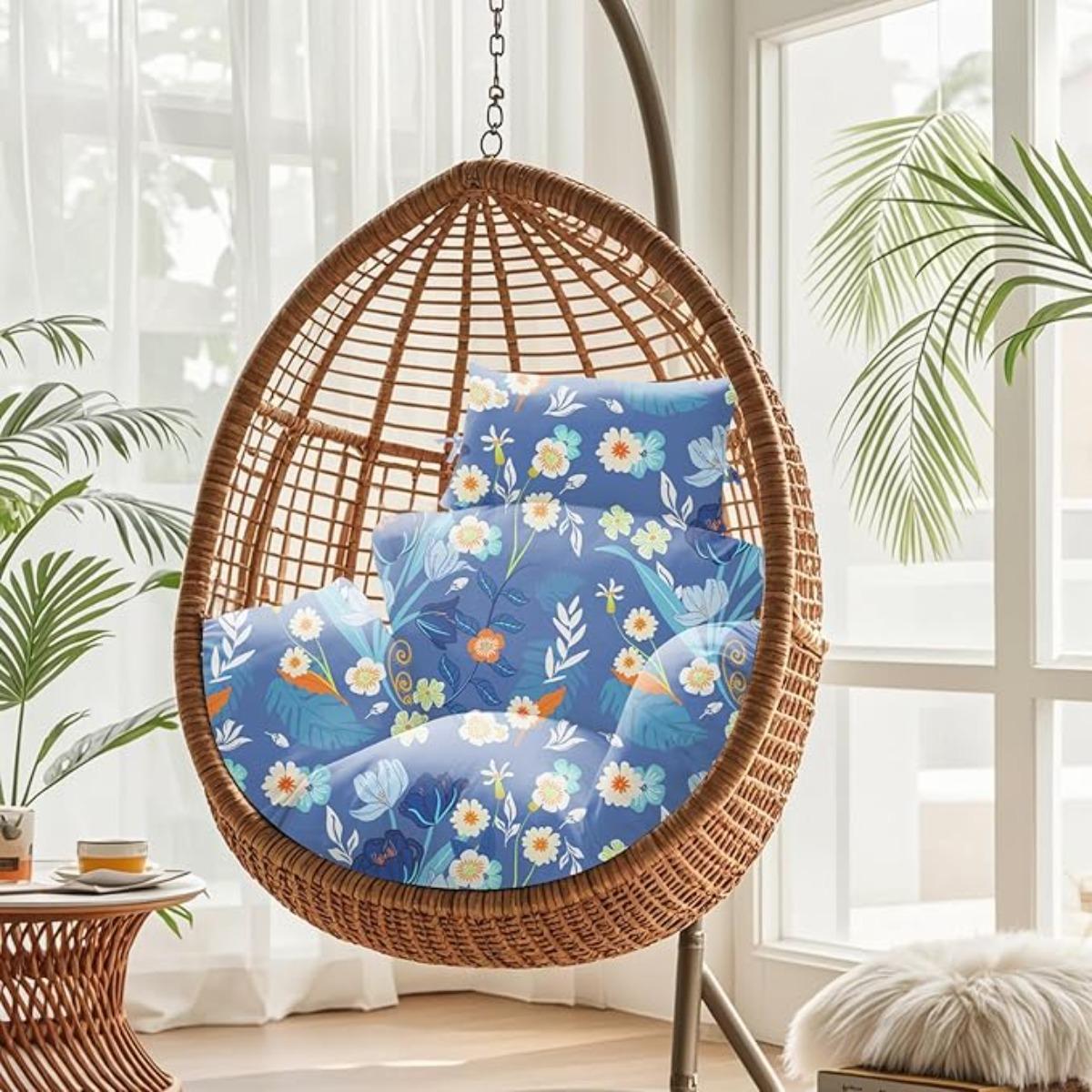 Waterproof Egg Chair Cushion Replacement 47x31.5x4.7 inch Thicken Hanging Egg Swing Chair Cushion Indoor Outdoor Wicker Rattan Hammock Basket Cushion with Headrest Pillow, Blue Peony