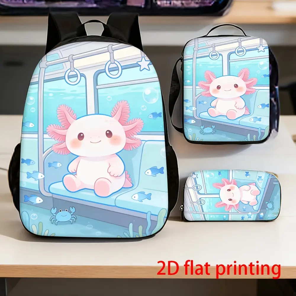 3pcs Lovely Pink Axolotl Underwater Subway Pattern Printed Backpack Set for Daily School Commute Outdoor Travel bookbag
