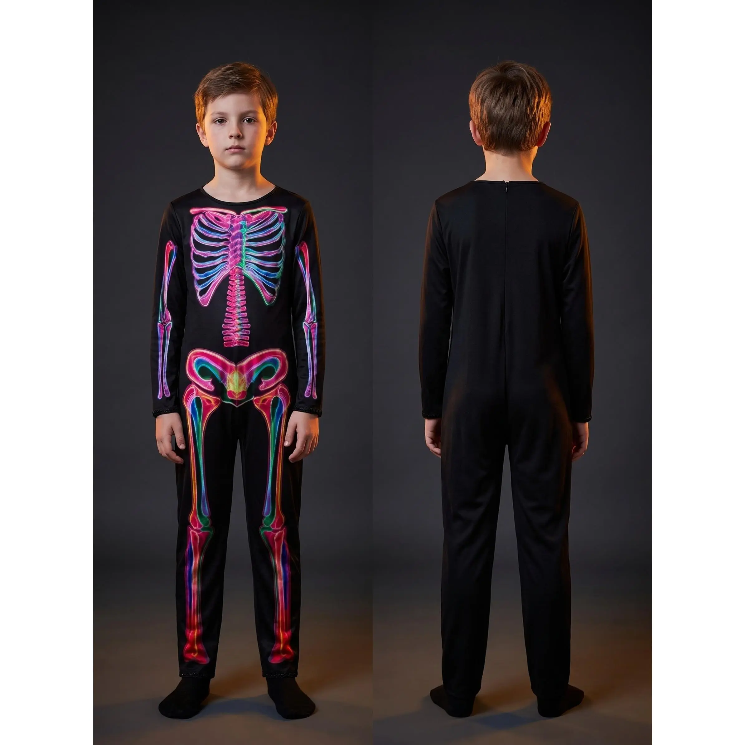 Kids Colorful Skeleton Costume Jumpsuit, Black Outfit with Rainbow Gradient Bone Print, Halloween Costumes, Party Costumes, Cosplay Carnival Costumes for Boys Girls, Spooky Themed Parties, Carnival Events and Trick or Treat Dress Up