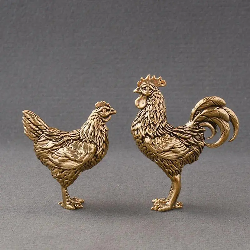 1/2PCS Solid Brass Copper Rooster & Hen Miniature Ornaments, Exquisite Craftsmanship Cultural Heritage Decor, Good Luck Office Desktop Tea Pet Statues, Ideal Gift for Home Improvement Garden Decor