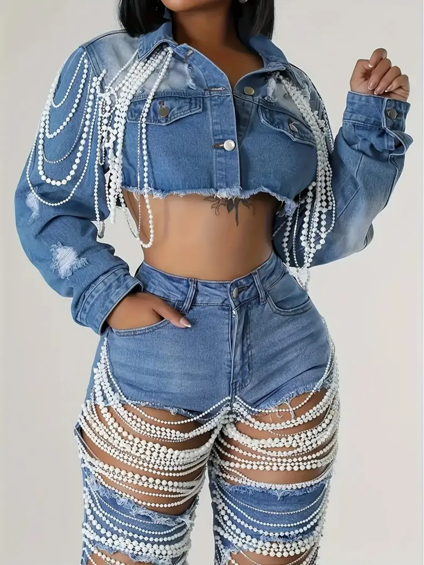 Women's Blue Non-Elastic Long Sleeve Denim Jacket, Luxurious Heavy-Duty Pearl Fringe Ripped Jeans Coat, Fashionable for Parties and Music Festivals