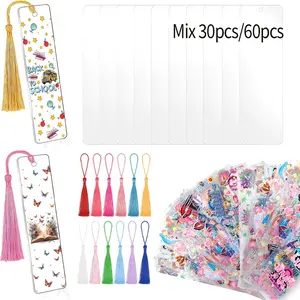 30pcs/ 60pcs Acrylic Bookmarks Mix Various Styles Double-Sided Printing UV DTF Stickers Blank Transparent Bookmark Tassel Set, UV DTF Package Wipeable Transfer Stickers, Suitable for Book Lovers DIY Blank Bookmarks Back To School