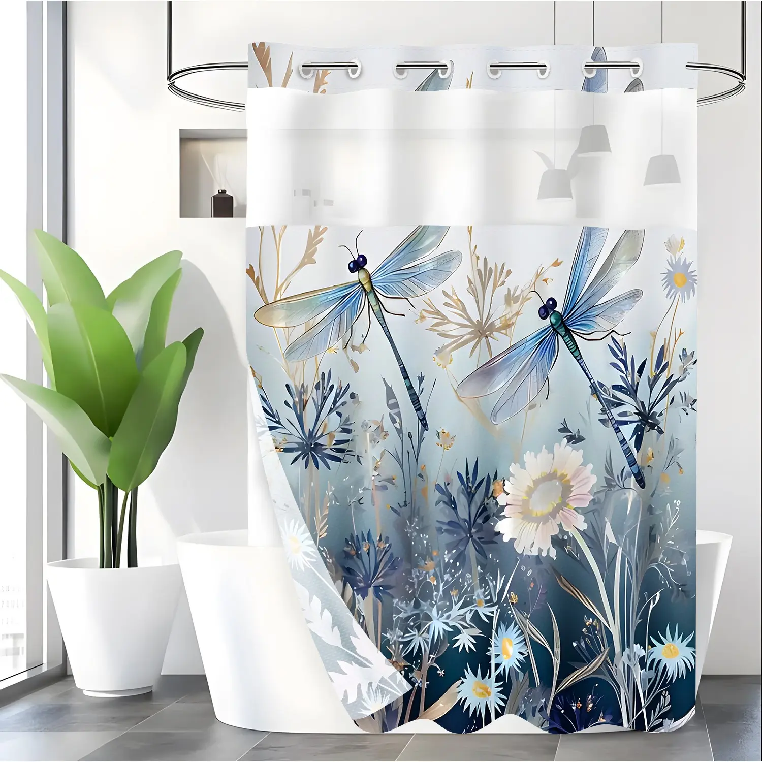 LVRLVR 1pc creative dragonfly pattern shower curtain for bathroom decoration, waterproof shower partition curtain for stylish bathroom accessories, elegant bathroom decoration set with vivid design. 70.8*74 inches