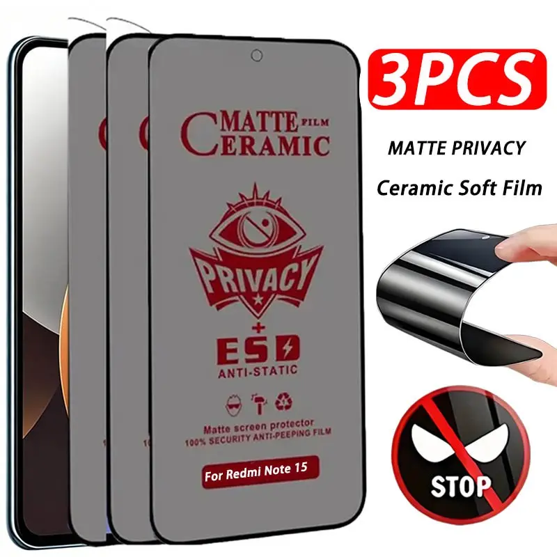 3PCS Frosted Ceramic Privacy Screen Protector Compatible with Xiaomi Redmi Note 15 4G 15 5G 15 Pro 4G 15 Pro 5G 15 Pro Plus 14 14 Pro 4G 14 Proetc. Anti-Spy Screen Protector - Bubble-Free, Full Coverage, High Transparency, Scratch-Resistant, Easy