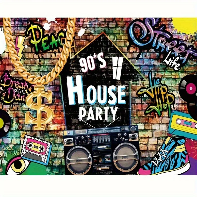 90s House Party Multicolor Backdrop Banner - Retro Hip Hop Graffiti Wall Photography Background with "PEAK", "HOUSE PARTY" Text, DJ Setup, Cassette Tape, Neon Lights for 90s Music Fans' Studio Photo Booth Props, Room Artwork Decoration