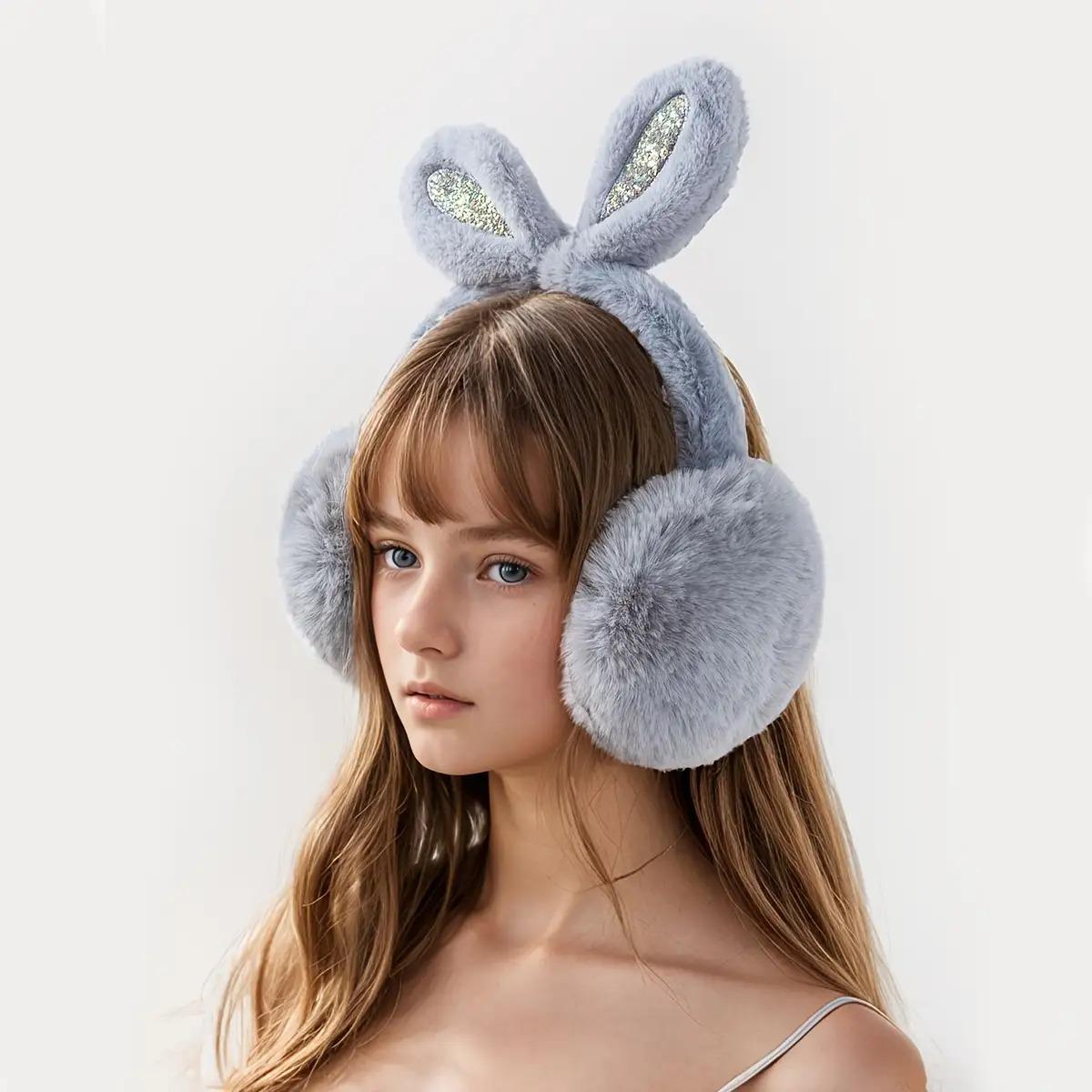 1pc Cute Pink Rabbit Ears Plush Ear Muffs for - Soft Warm Foldable Winter Accessories with Sparkling Embellishments, Adorable Animal Design for Cold Weather Comfort, Cozy Clothing Accessory, Playful Design, Durable Construction, Fashion Lovers
