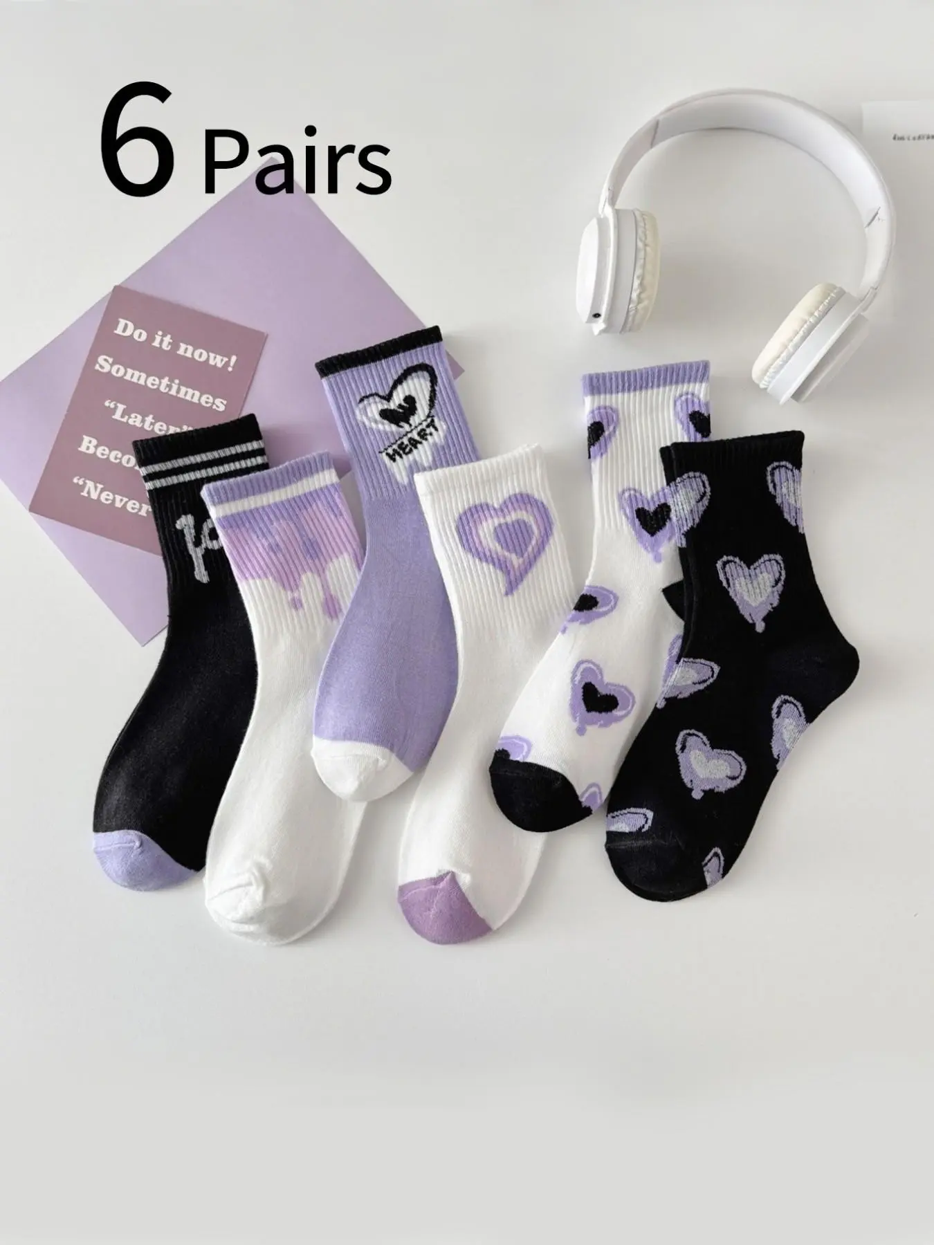 6 Pairs Women's Stockings, Casual Heart Pattern, Soft & Comfortable, High-Top Ankle Socks, Perfect for Daily Wear, All Seasons