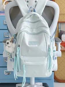 1pc Mint Light Blue Embroidery Bow Zipper Backpack Cute Plush Charm Multi Drawstring Zip Layer Large Daypack For Girls Middle High School Commute Bag