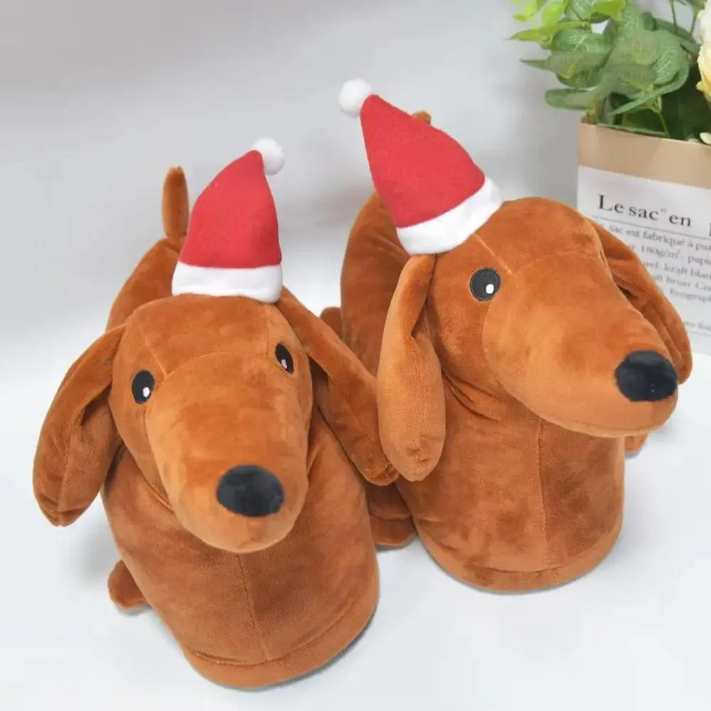 Winter New Dachshund Plush Slippers Cartoon Dachshund Non-Slip Plush Shoes Fun Animal Household Slippers Christmas Gift