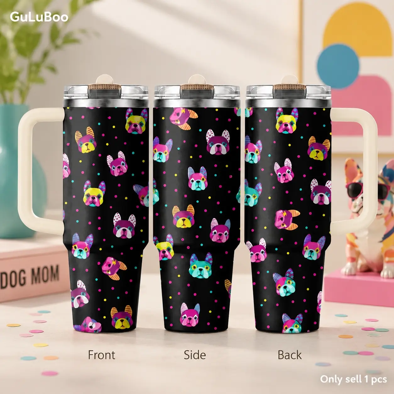 Colorful French Bulldog Prints Vacuum Flasks Drinkware 40oz 3rd Gen Vacuum Insulated Stainless Steel Tumbler with Handle, Straw Lid, Leak-Resistant Travel Mug for Water, Coffee, Gifts, Office, Gym & Car Cup Holder Vacuum Insulated Tumblers
